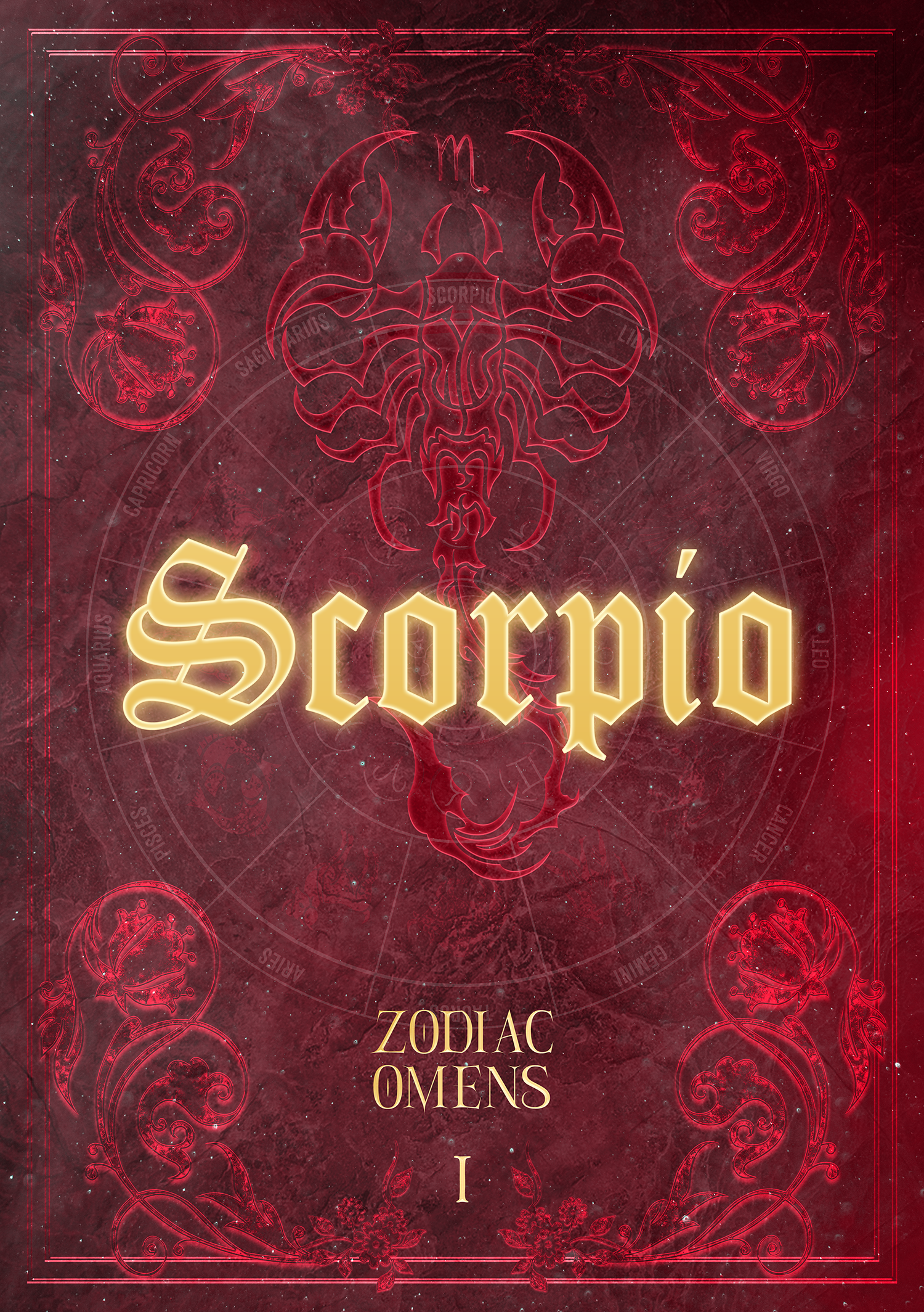 Une illustration d'un symbole du Scorpion avec un fond rouge foncé étoilé, entouré de motifs décoratifs et des textes en français et en anglais concernant le zodiaque, les signes et l'astrologie.