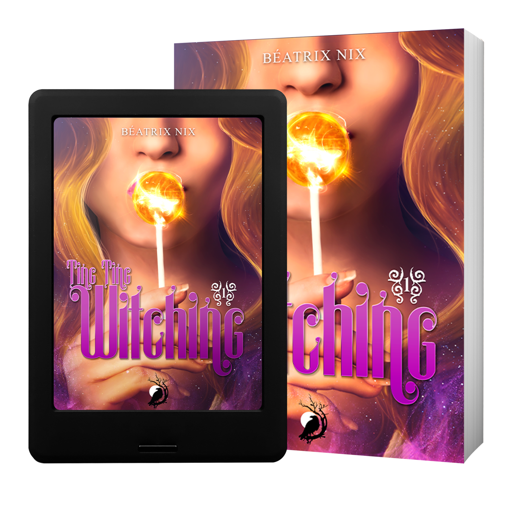 Couverture d'un livre avec une illustration d'une femme blonde qui tient une boule de lumière au centre de son visage, avec des éléments de style fantastique et des couleurs chaudes, et le titre en violet : 'The Titching Witch'.