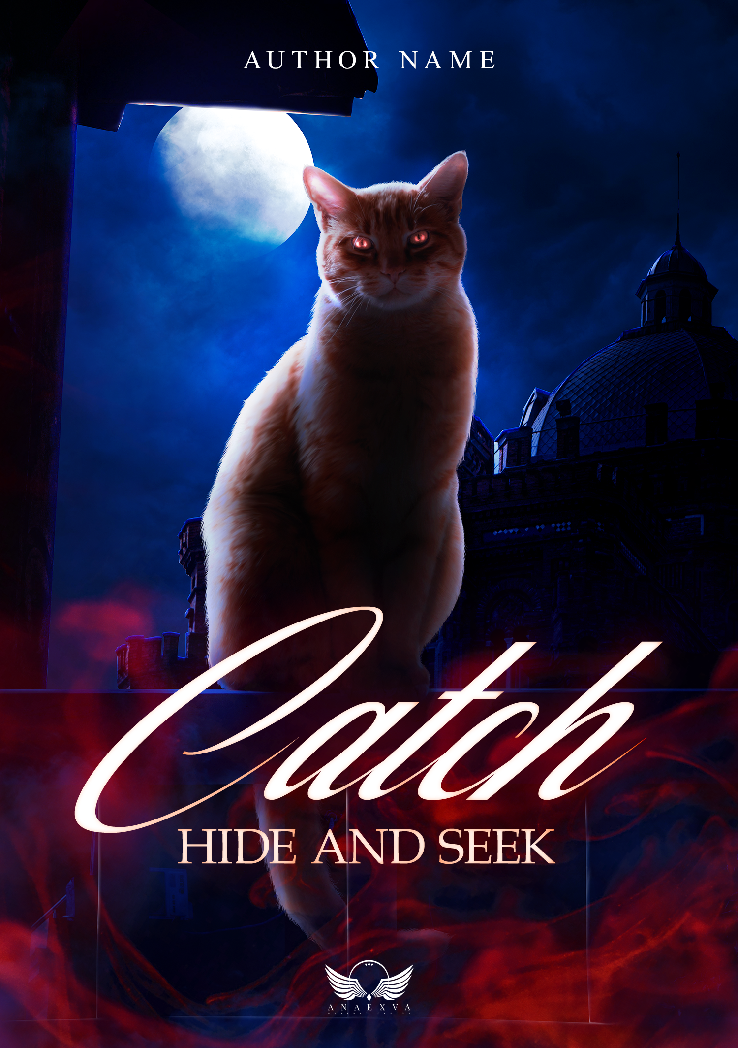 Une chatte orange au regard rouge, devant une pleine lune, avec un bâtiment en silhouette en arrière-plan, sur un fond nocturne avec des nuages et de la fumée rouge et bleue.
