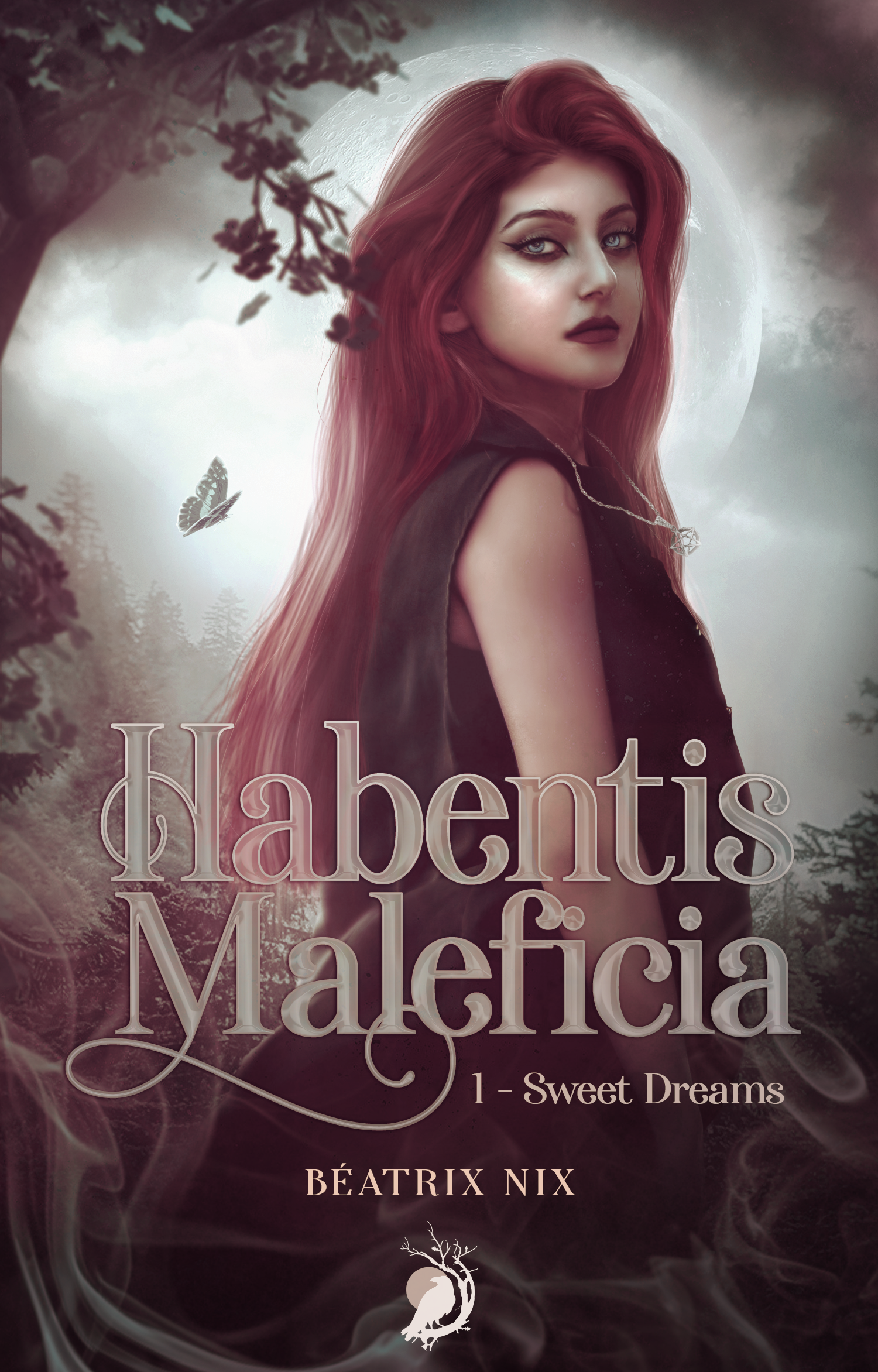 Une jeune femme aux cheveux longs et roux, entourée d'une atmosphère brumeuse avec une pleine lune en arrière-plan, des arbres et des papillons, avec le titre : 'Nabentis Maleficia 1 - Sweet Dreams', écrit par Béatrix Nix.