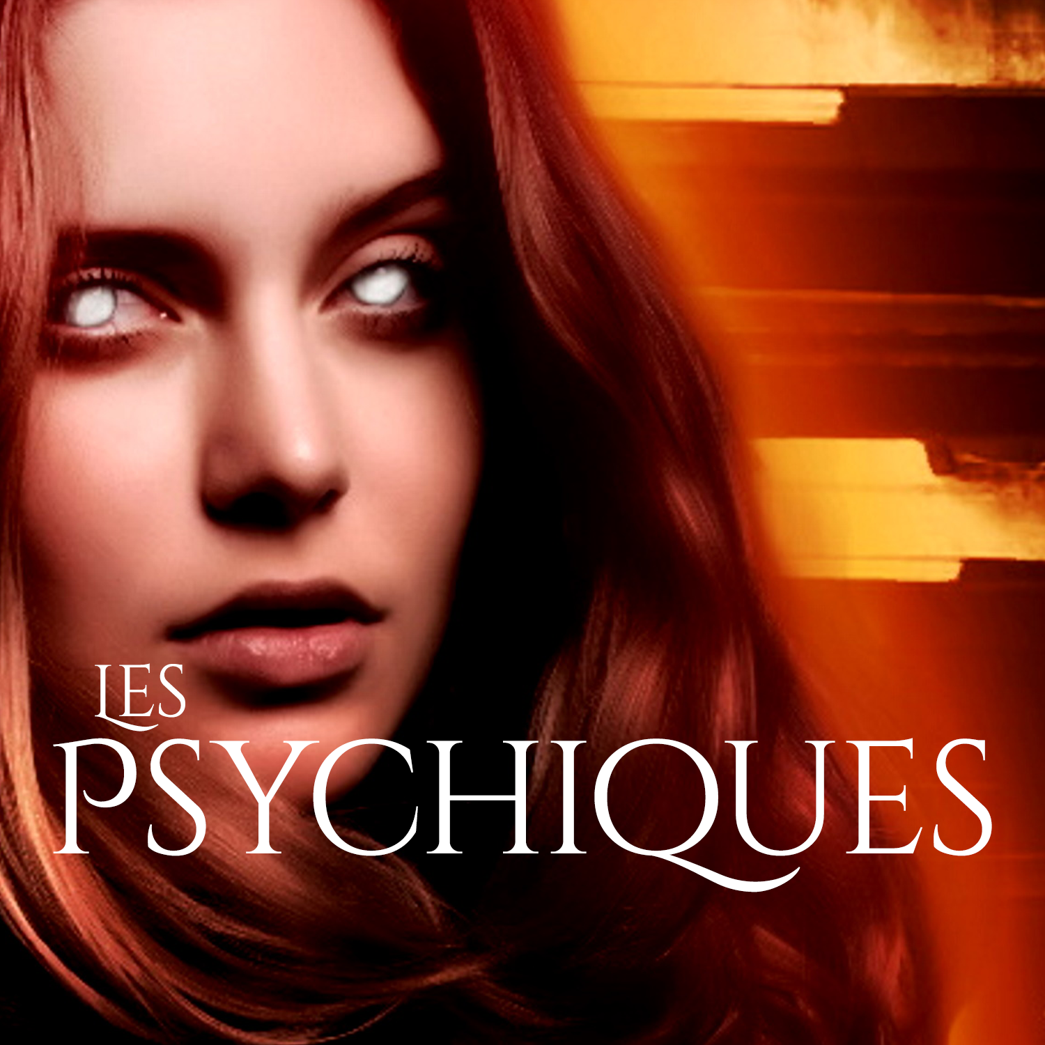 Couverture de livre ou affiche avec une femme aux cheveux longs et roux, les yeux blancs fixant en l'air, avec un fond orange bruyant. Texte en français : "Les Psychiques".