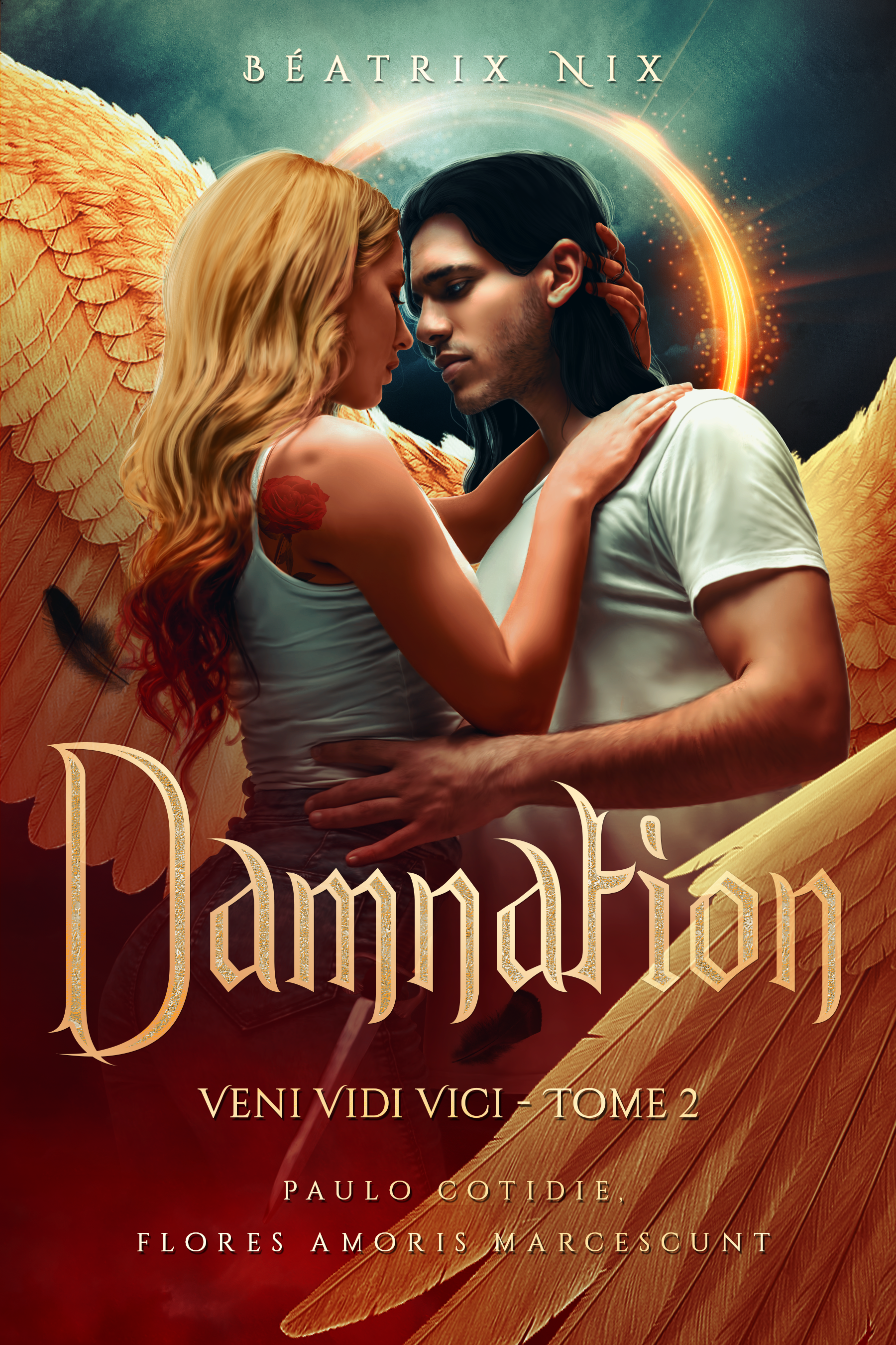 Couverture de livre représentant un couple avec des ailes d'ange dorées, face à face, dans un fond d'arc lumineux et de clouds. Titre 'Damnation' en lettres gothiques, texte supplémentaire en français.