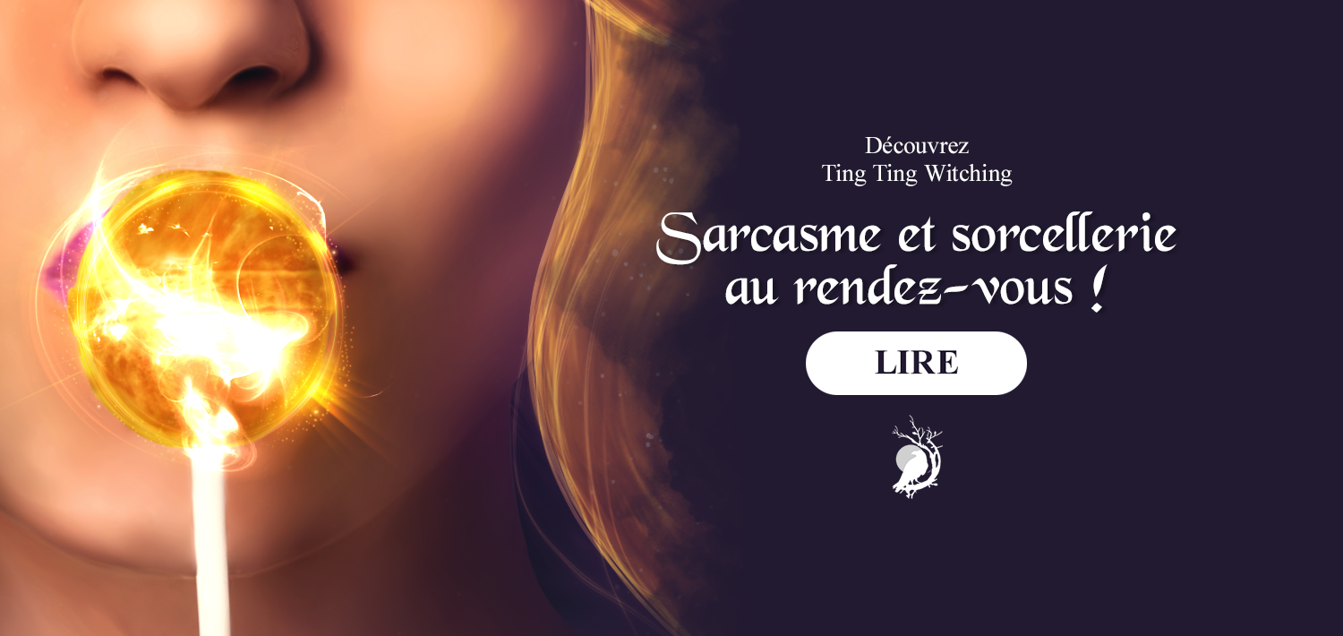 Une personne donnant un coup de langue à une sucette magique brillante et colorée, avec un fond sombre contenant des éclats lumineux et un motif de créature mythologique en bas à droite.