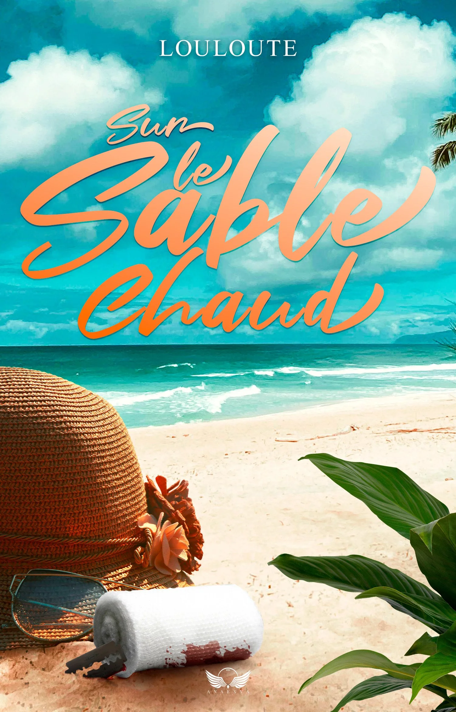 Une plage avec un chapeau en vichy, une paire de lunettes de soleil, un rouleau de papier toilette avec du sang dessus, de grandes feuilles vertes et un message indiquant 'Sun, le sable chaud'.