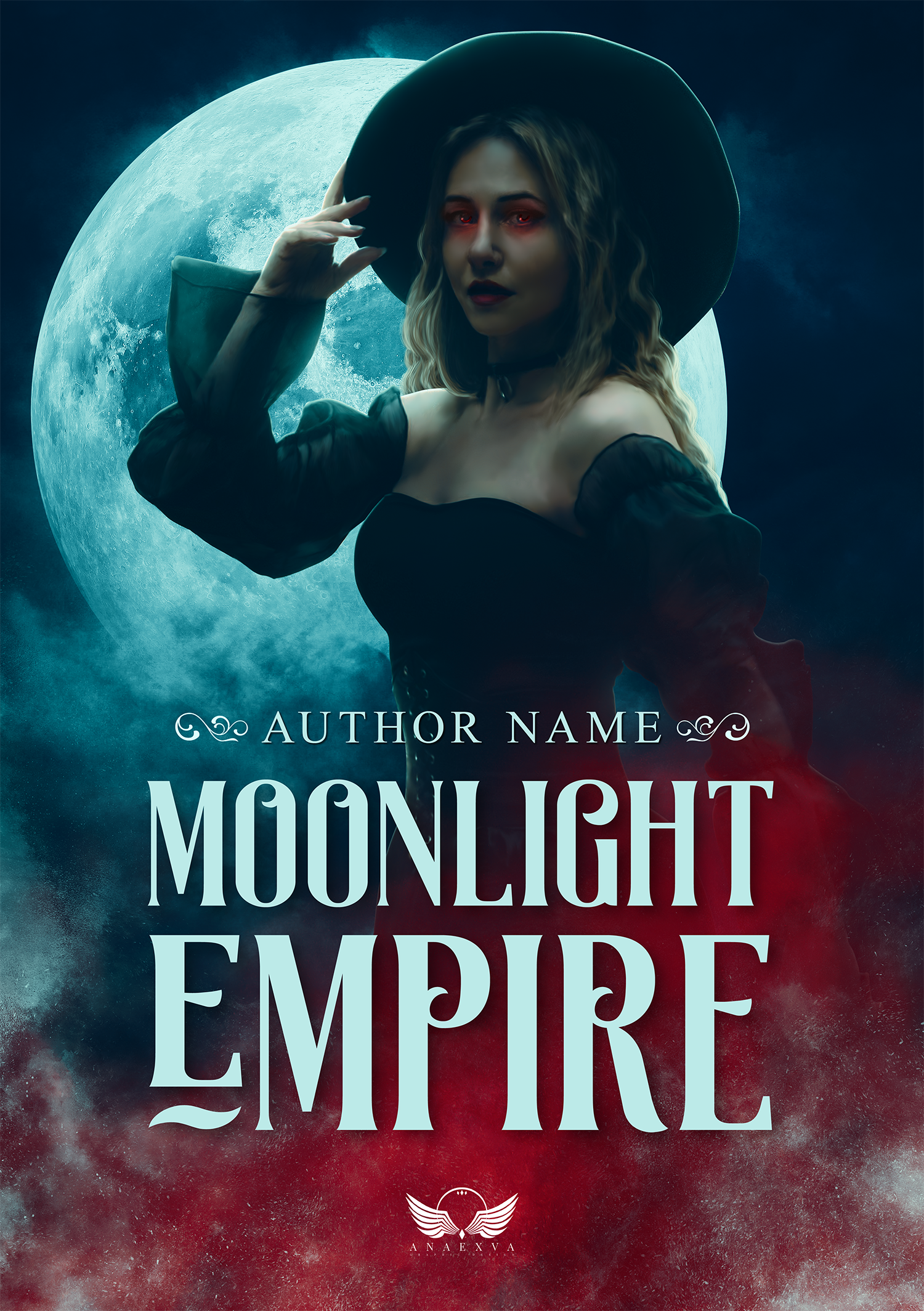 Une femme avec des yeux rouges, portant un chapeau noir, pose devant une lune brillante. La scène a une ambiance sombre et mystérieuse. Texte en français sur la couverture d'un livre ou d'une affiche.