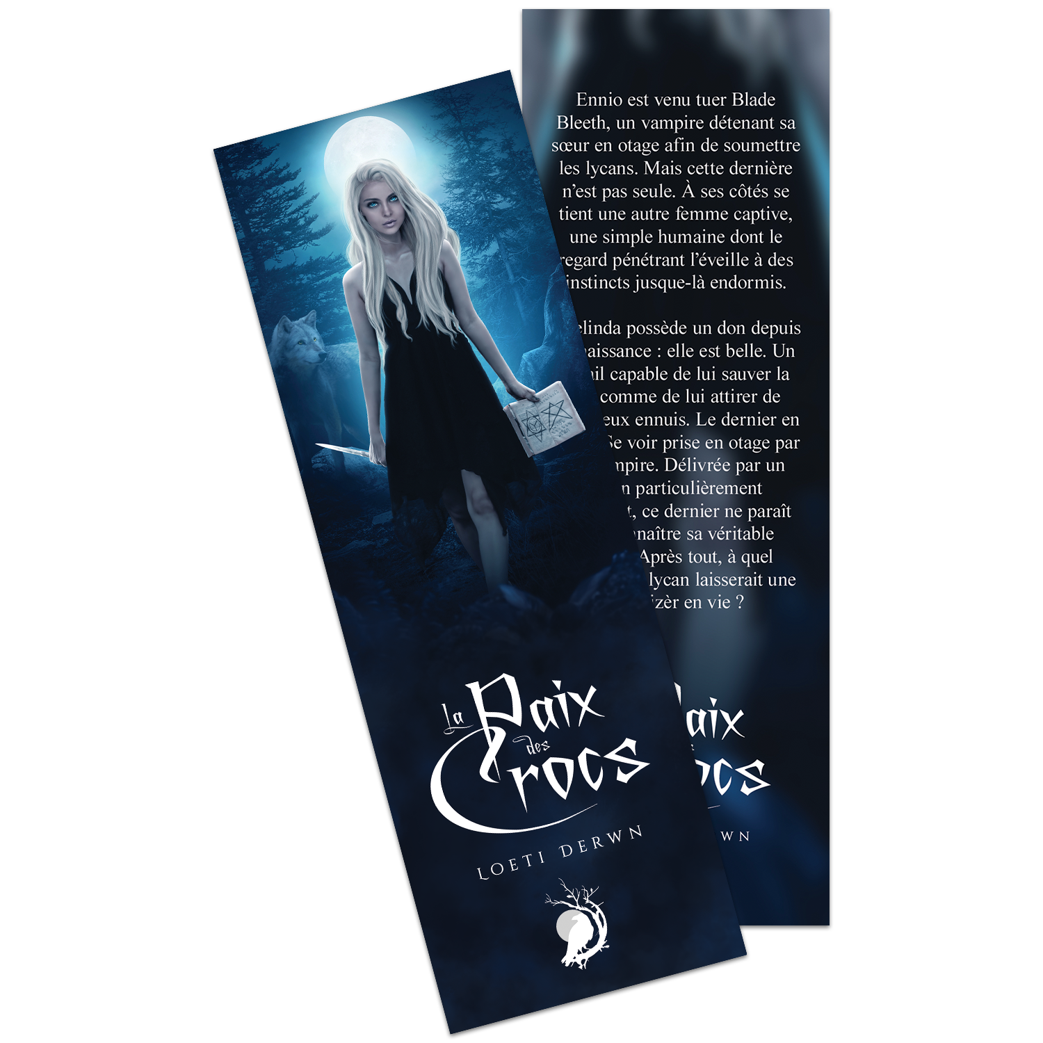 Couverture d'un livre illustrée d'une jeune fille avec de longs cheveux blonds, vêtue d'une robe noire, tenant un livre avec des symboles magiques, dans une forêt sous une lune pleine, avec un loup en arrière-plan.