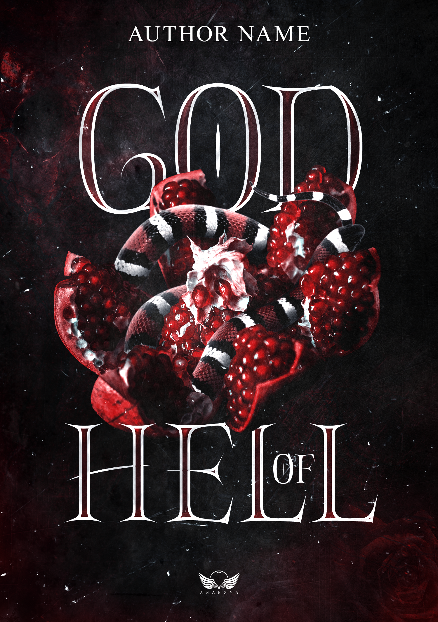Couverture de livre avec des serpents et des fruits rouges, titre 'Helle of God', auteur non spécifié, logo de l'éditeur à la base.