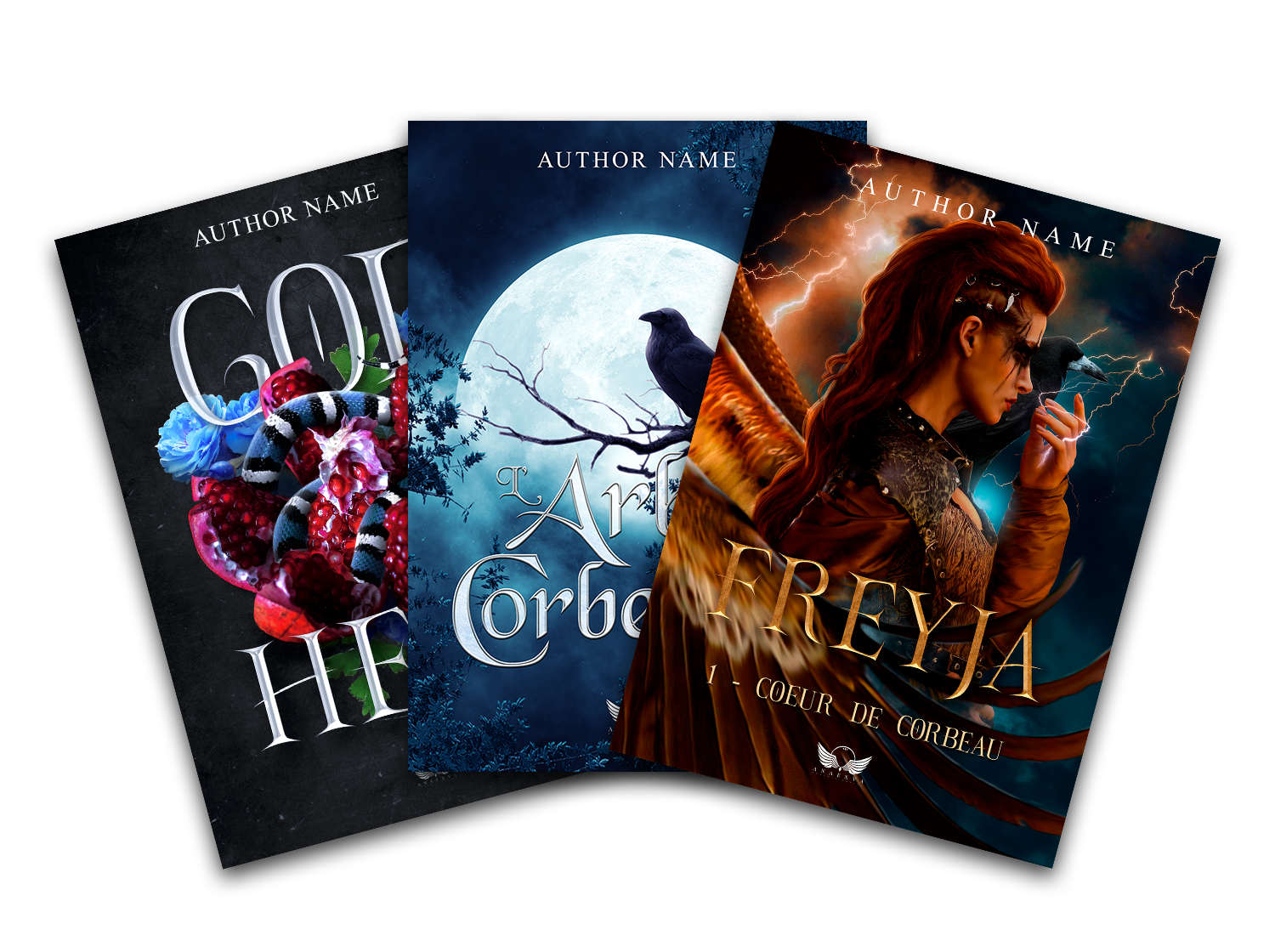 Trois couvertures de livres fantasy, avec des scènes nocturnes, lune, ciel orageux, une femme avec des cheveux longs, une araignée, un serpent, et un corbeau.