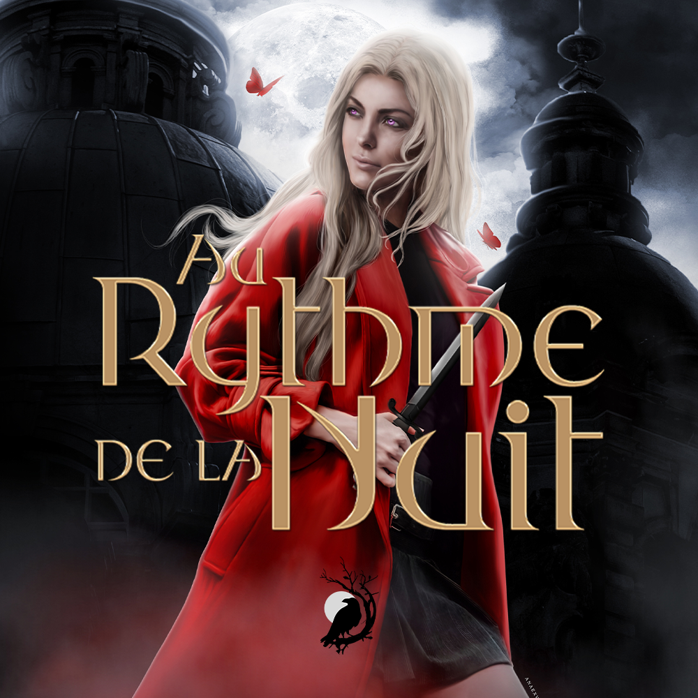 Une femme blonde avec des yeux violets, habillée d'un manteau rouge, tient un couteau, avec une grande lune en arrière-plan, et un bâtiment sombre. Le texte en français "Au Rythme de la Nuit" est visible sur l'image.