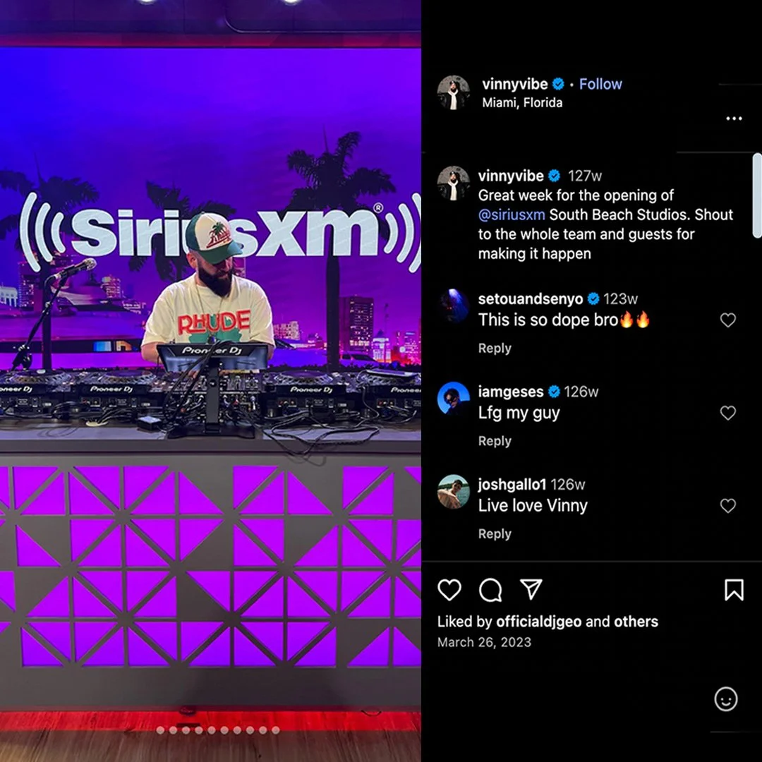 DJ Vinny Vibe of the radio show "Good Vibes" DJed at the opening week of SiriusXM's South Beach Studios in Miami, FL.