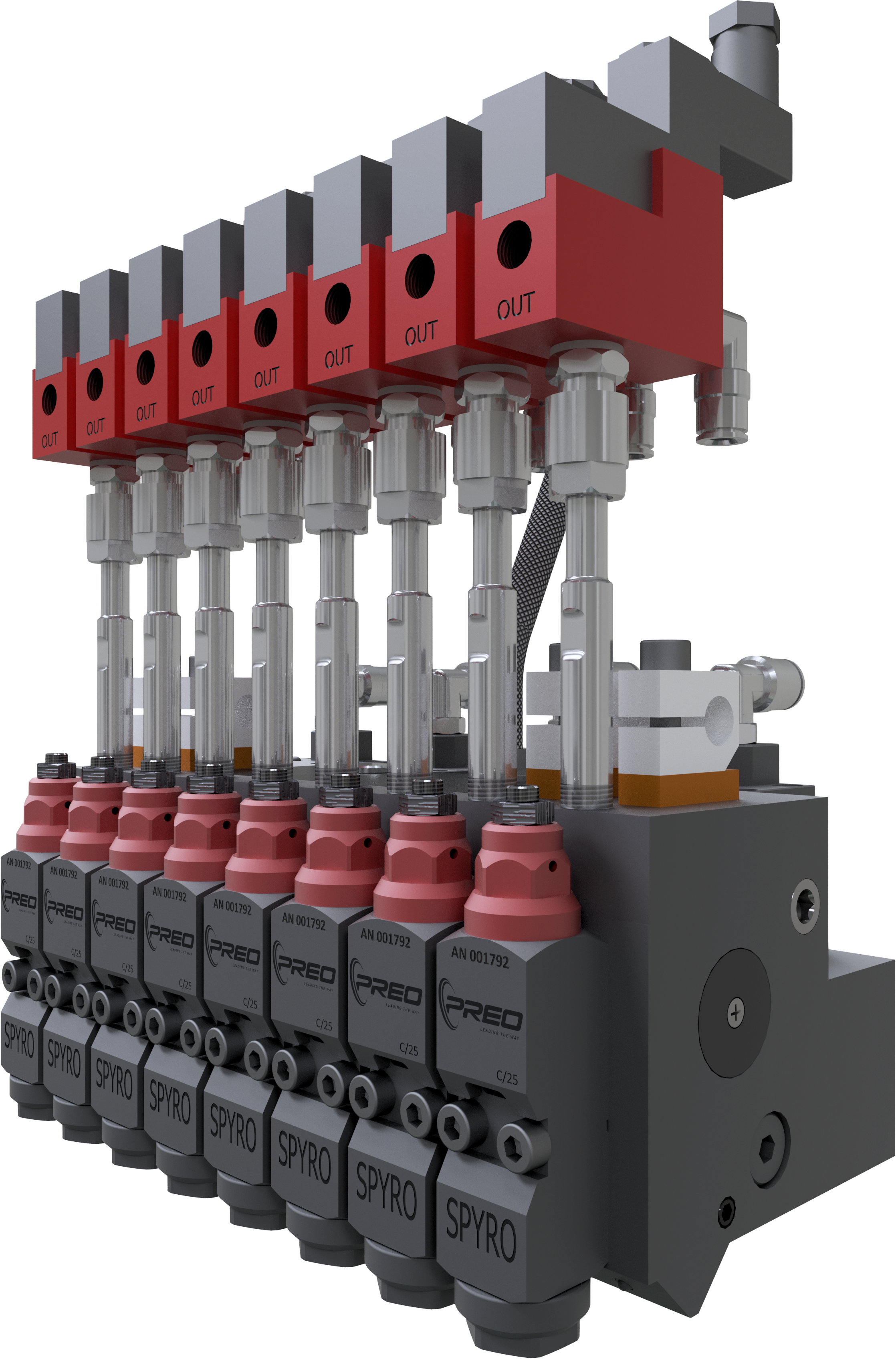 A modular pneumatic system with multiple valves, cylinders, and fittings, labeled with brand names like 'PREO' and 'SPYRO'.