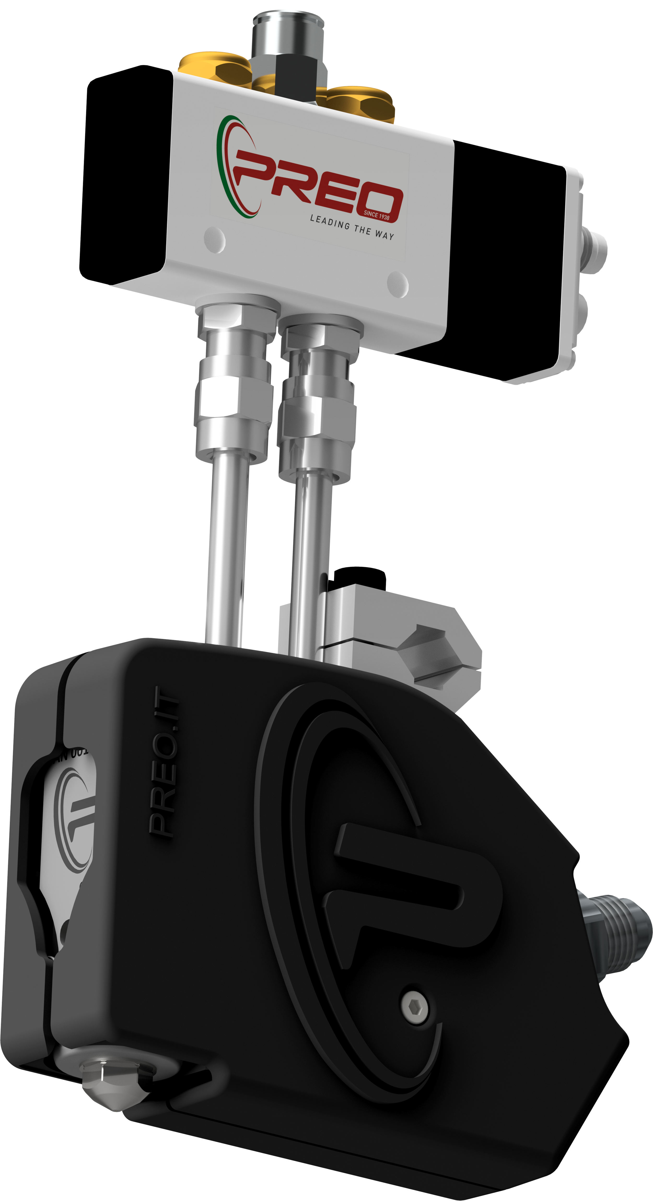 Close-up of a black and silver automotive fuel pressure regulator with the brand name PREO and the logo, connected to metal fuel lines.