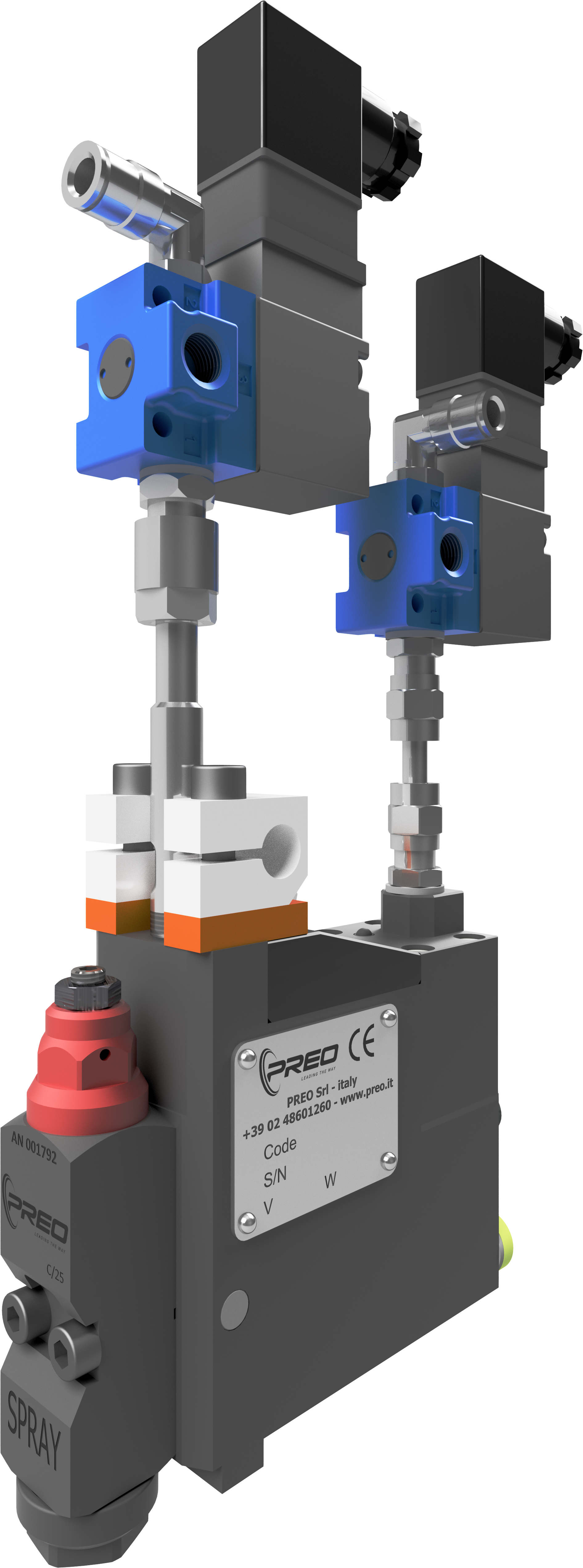 An industrial fluid control device with black, blue, silver, and red components, mounted on a black base with a label, featuring valves, pipes, and a spray nozzle.