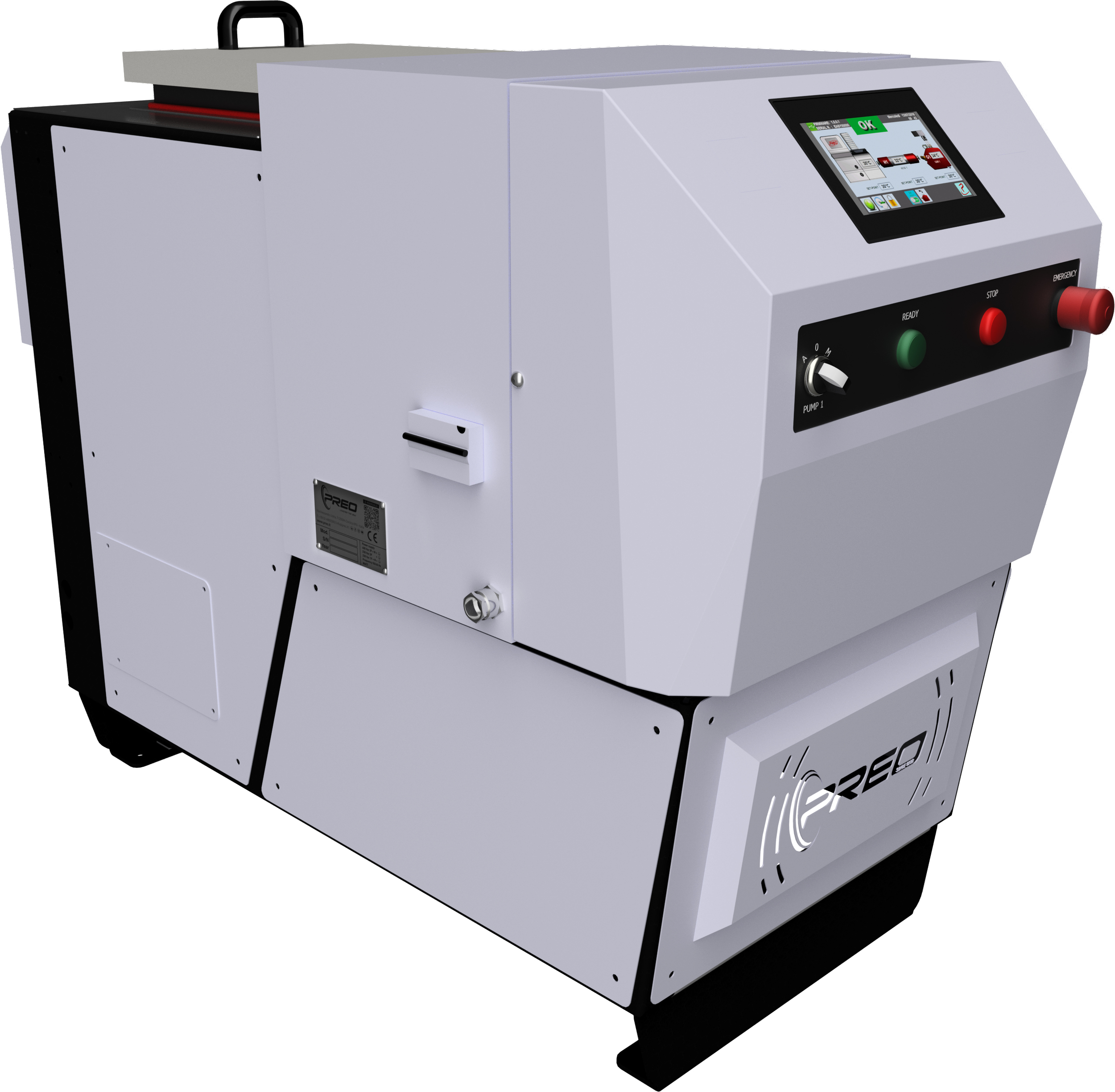 Automated industrial machine with touchscreen interface and various controls.