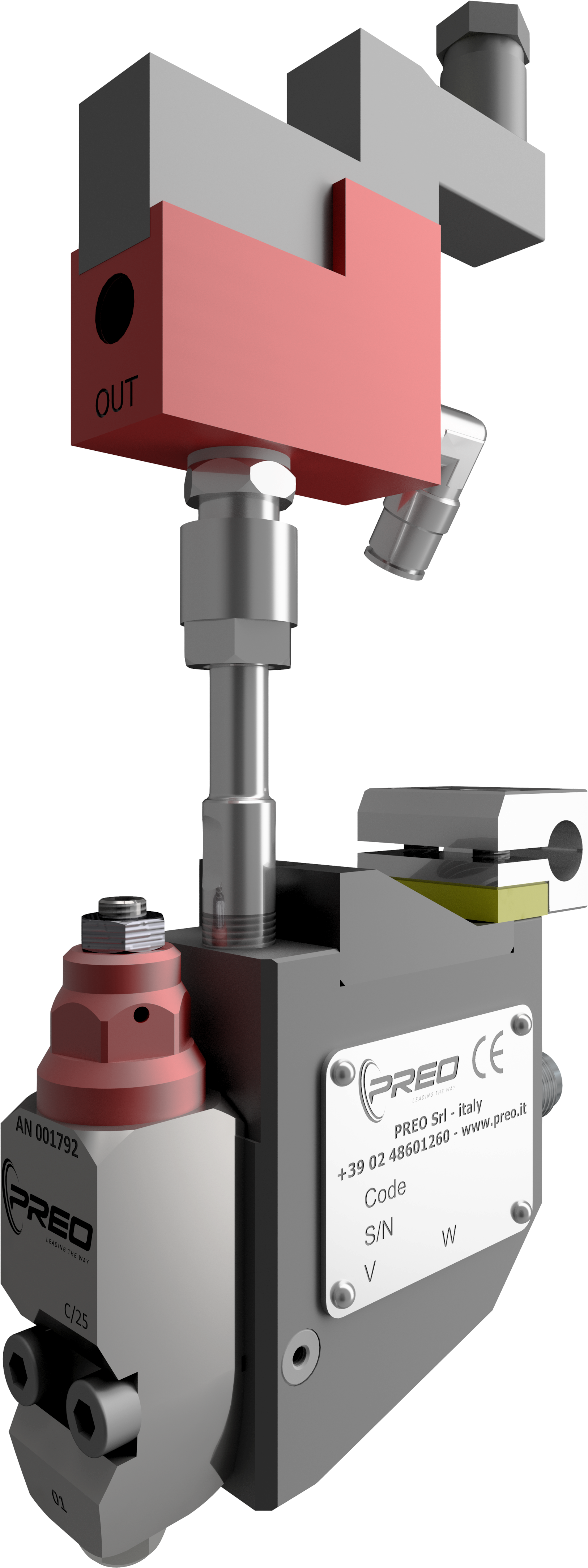 Close-up of a precision industrial valve assembly with labeled components, including a pink 'OUT' port, metal pipes, and a control box marked 'PREO'.