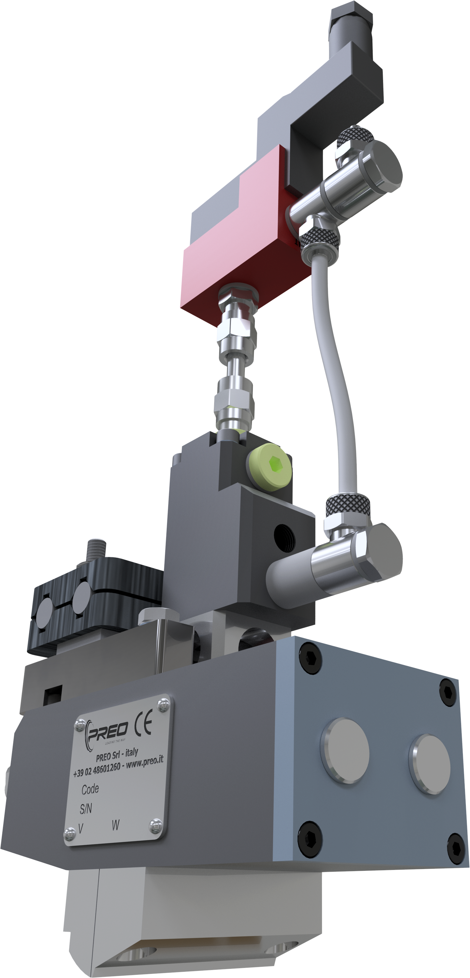 Close-up of industrial machinery component with various metal fittings, valves, and connectors mounted on a grey box, labeled 'PREO Italy'.