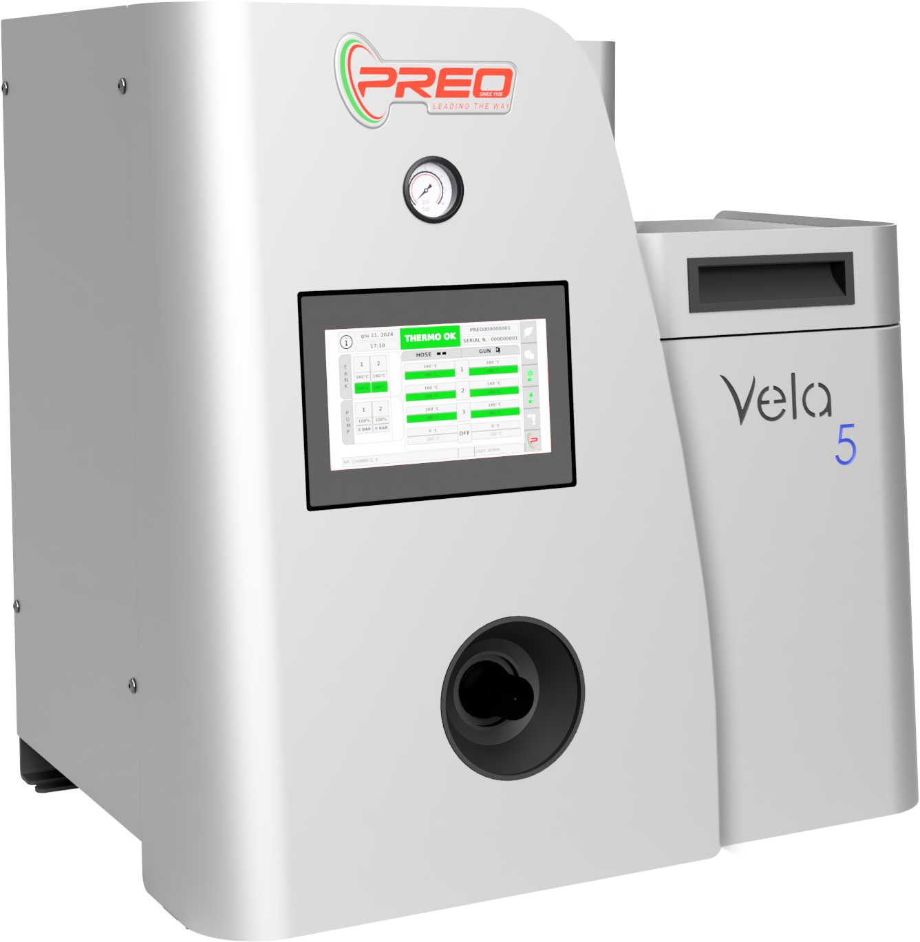 A medical device with a digital touchscreen display showing temperature and pressure readings, labeled 'PRÉ' and 'Vela 5'.