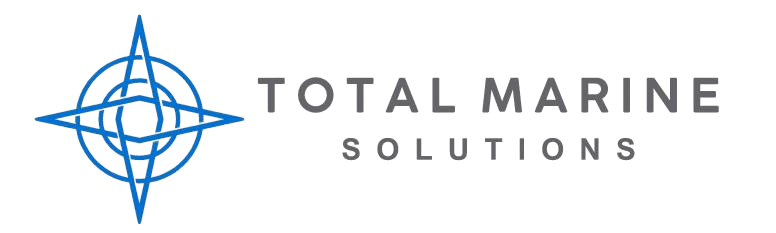 Logo for Total Marine Solutions featuring a blue compass rose and gray text