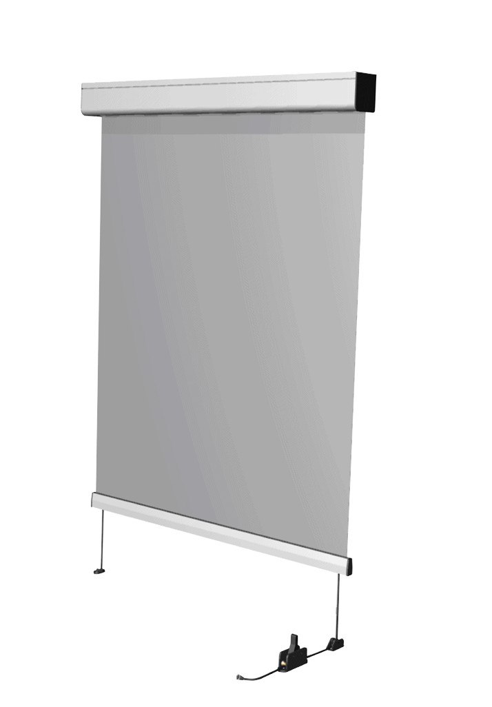 Vertical projection screen with a black base and a white top casing, partially lowered.