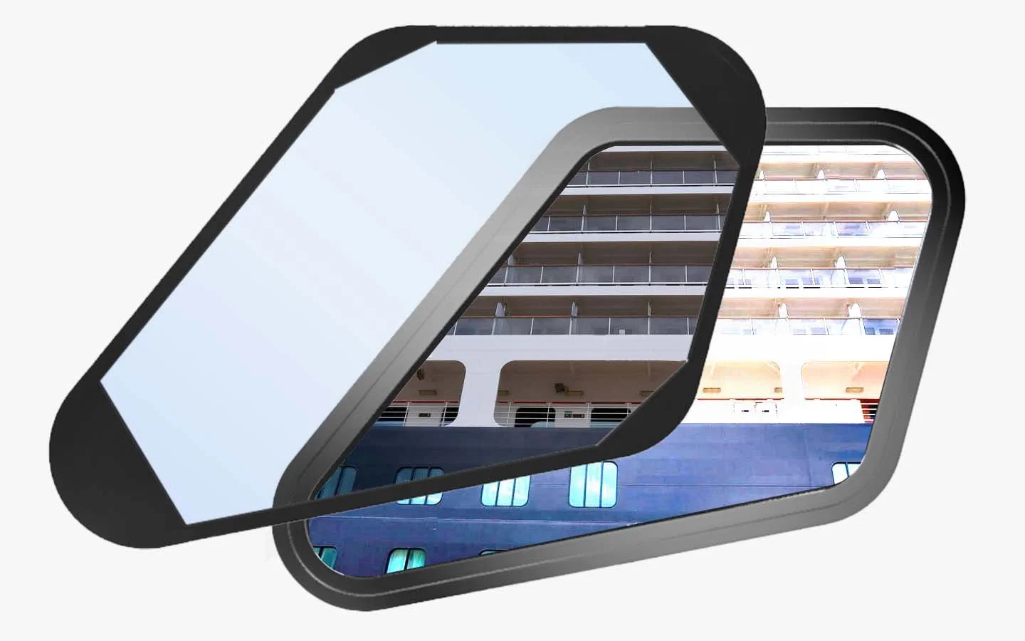 A pair of car side mirrors, with one reflecting a building with multiple balconies and windows.