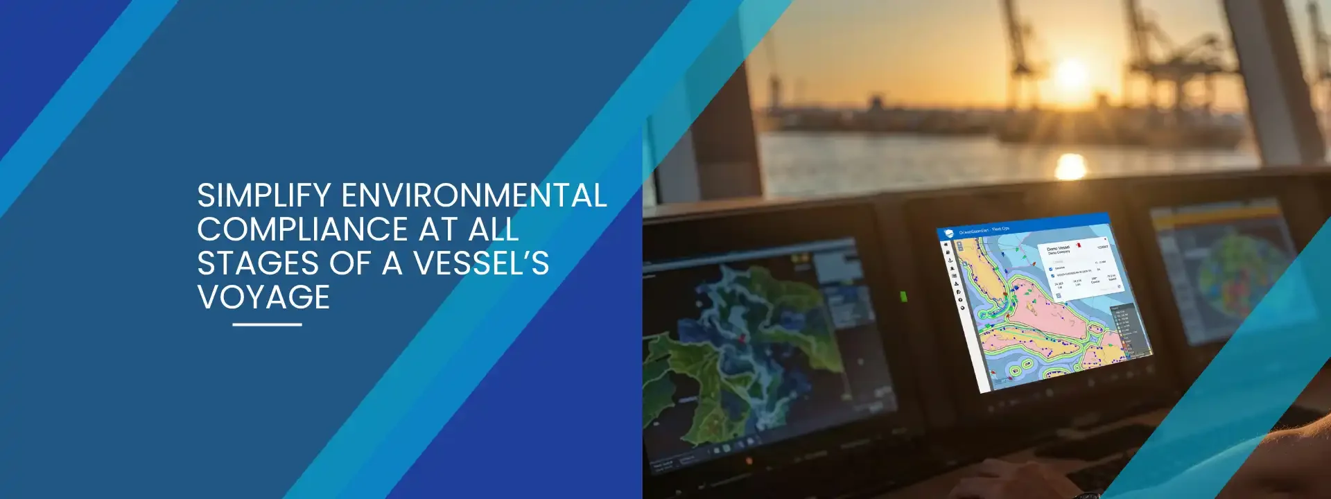 Marine navigation screens displaying maps and data on a vessel's bridge during sunset ensuring environmental compliance.