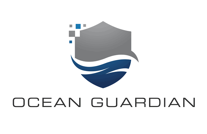 Logo for Ocean Guardian featuring a shield with waves and pixels, with the text 'OCEAN GUARDIAN' below.