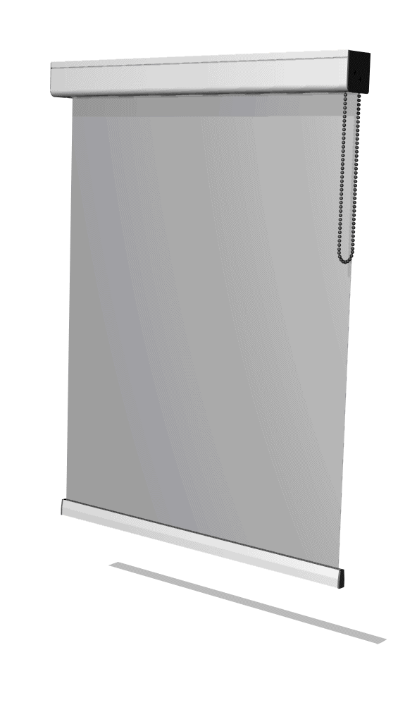 Gray pull-down projection screen with black side casing and a beaded chain for manual operation, mounted in a room.