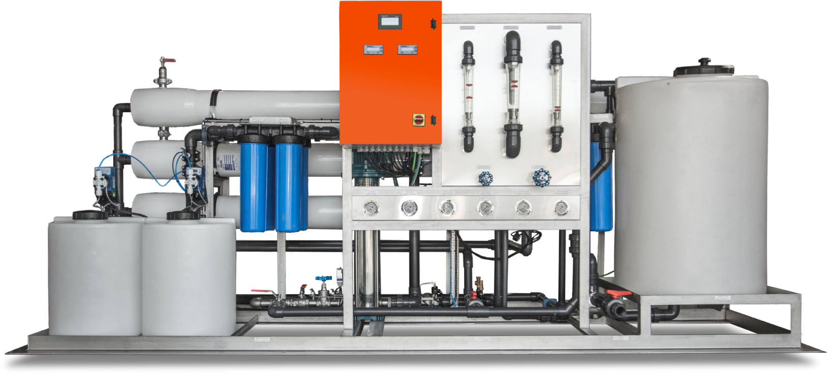Industrial water treatment system with tanks, filters, pressure gauges, and pipes for water purification.