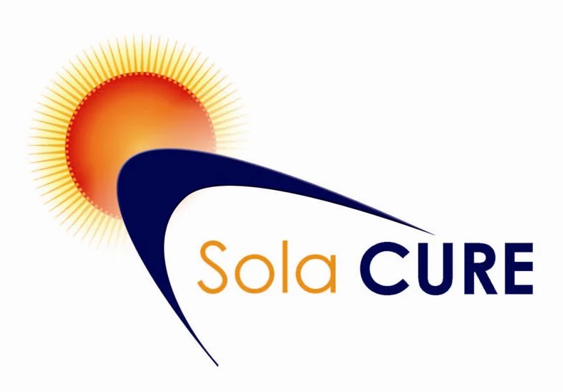 Logo featuring a stylized sun with radiating yellow and orange rays and the words 'Sola CURE' with 'Sola' in orange and 'CURE' in dark blue.