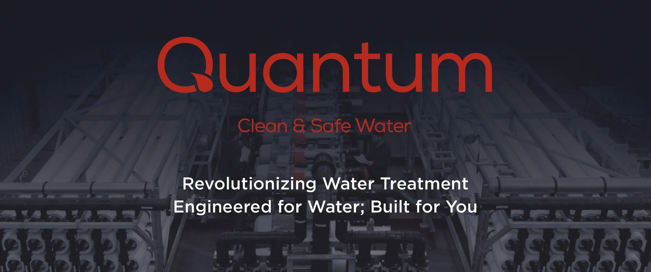 A water treatment facility with machinery and pipes, overlaid with text about quantum water treatment engineering.