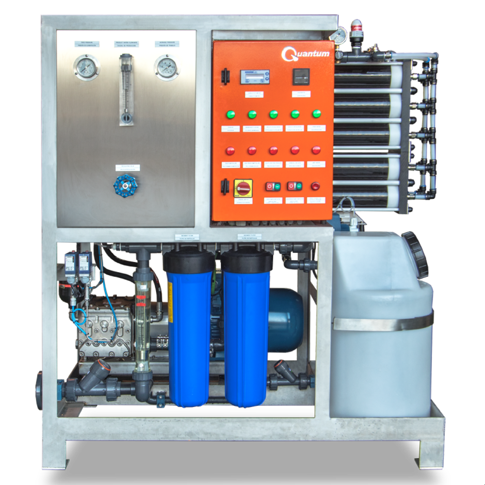 Industrial reverse osmosis water treatment system with control panel, pressure gauges, filters, and piping.