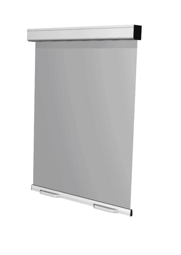A modern, frameless roller window shade with a metal roller mechanism, partially lowered, on a black background.