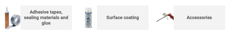 Image showing adhesive tapes, sealing materials and glue, surface coating spray, and accessories like a spray gun.