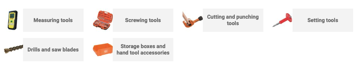 Collection of various tools including measuring tools, screwdrivers, cutting and punching tools, setting tools, drills and saw blades, and storage boxes with hand tool accessories.