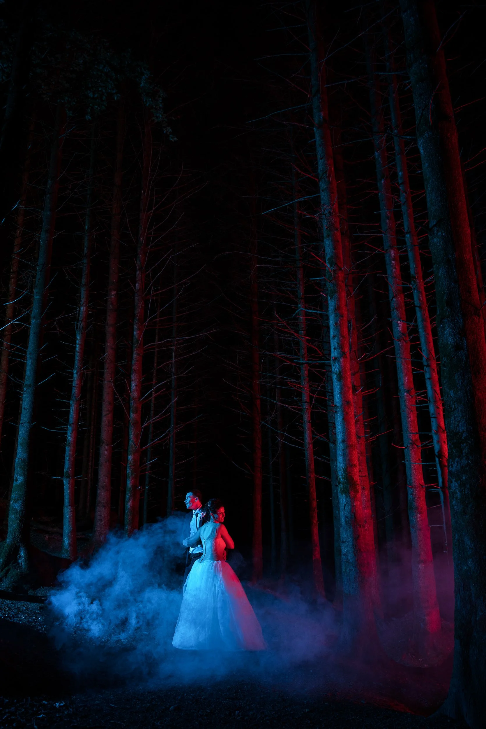 Wedding Photography Meath – creative night portrait with coloured light at Boyne Hill House