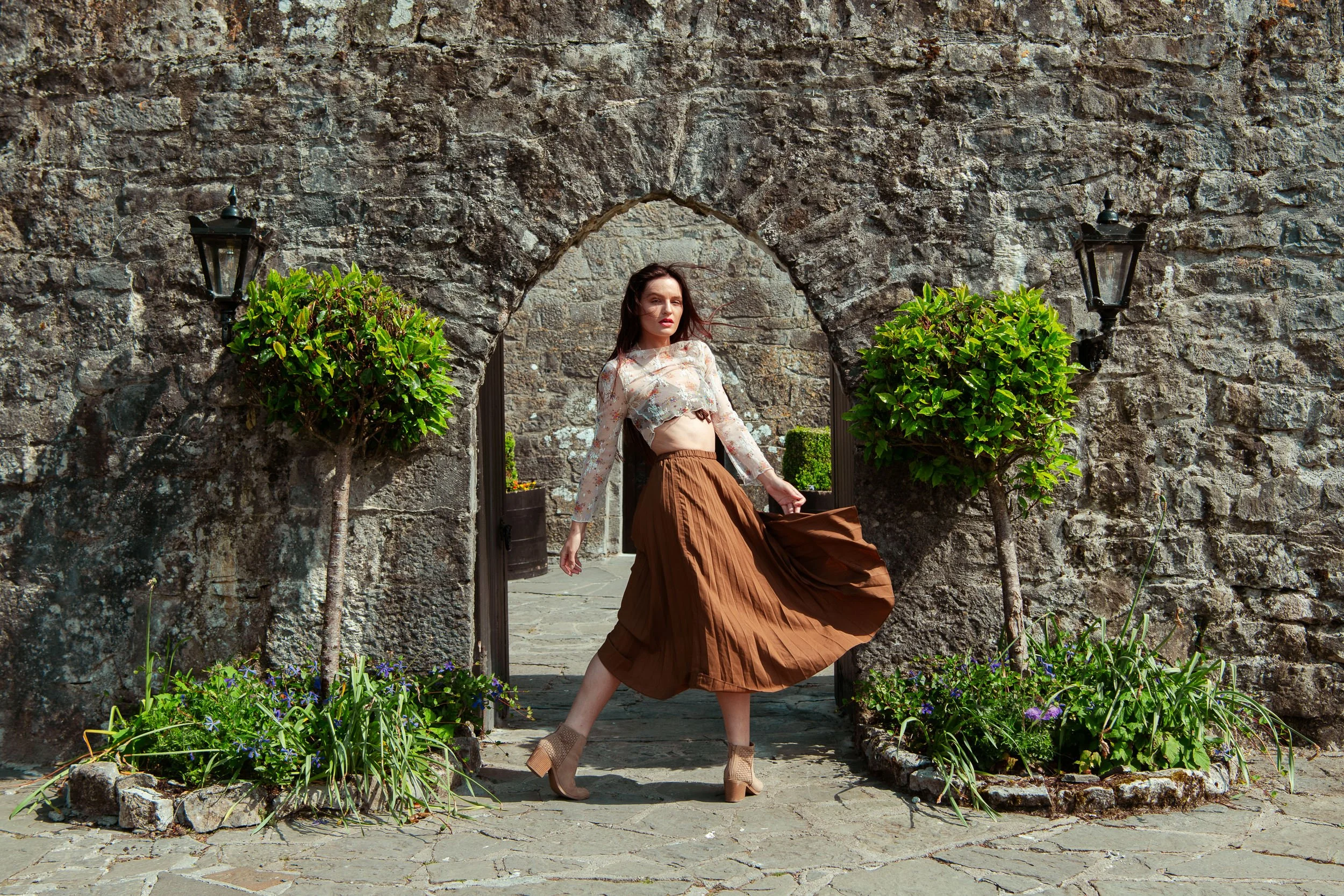 Editorial Fashion Photography Galway – portrait at Cloghan Castle with stone archway