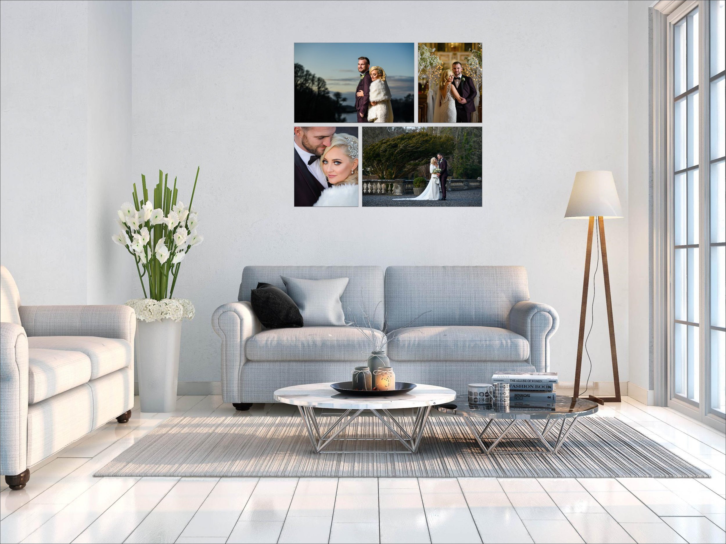 Bright living space with framed wedding artwork displayed above a seating area.
