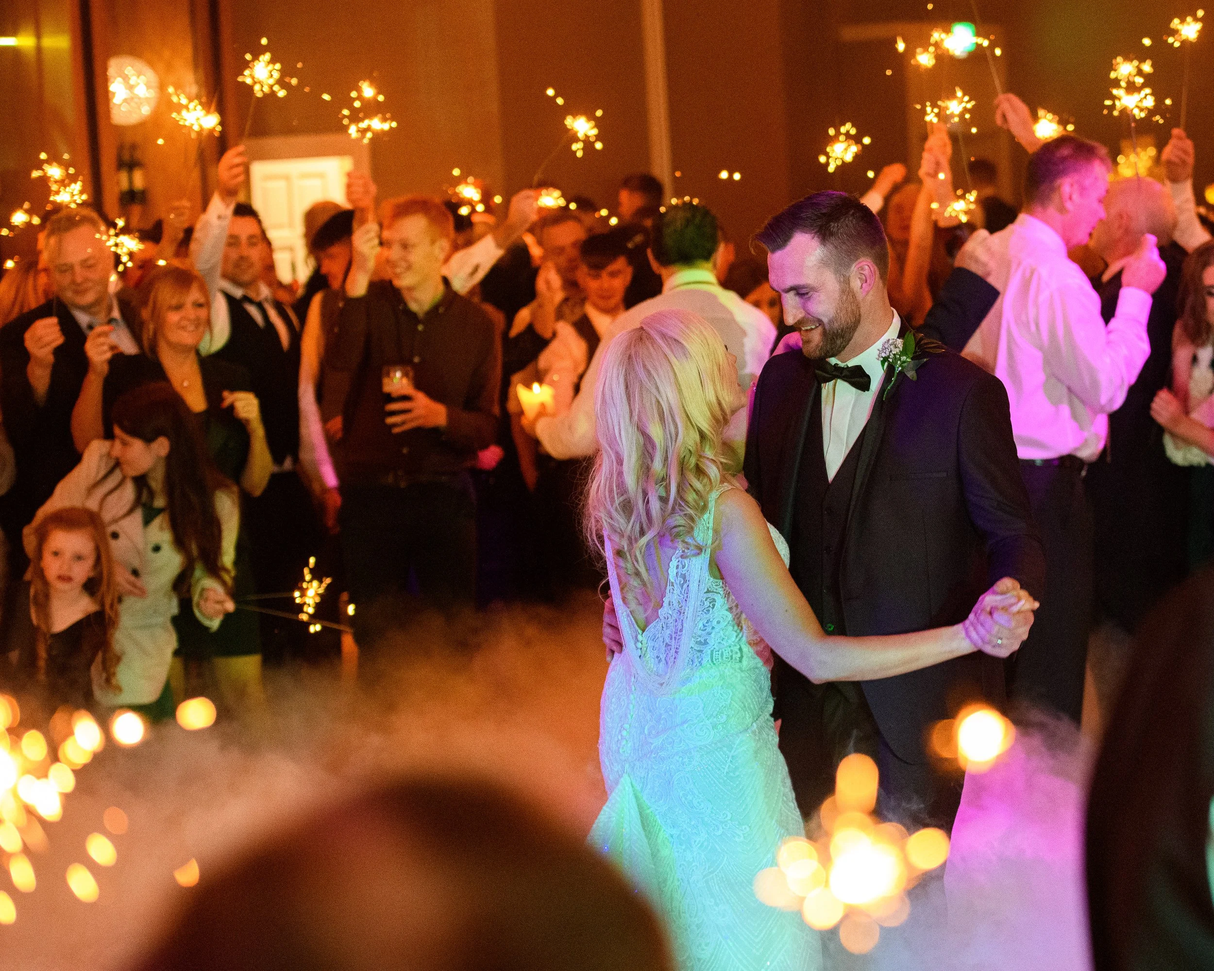 Wedding Photography Westport – couple dancing with sparklers at Castlecourt Hotel