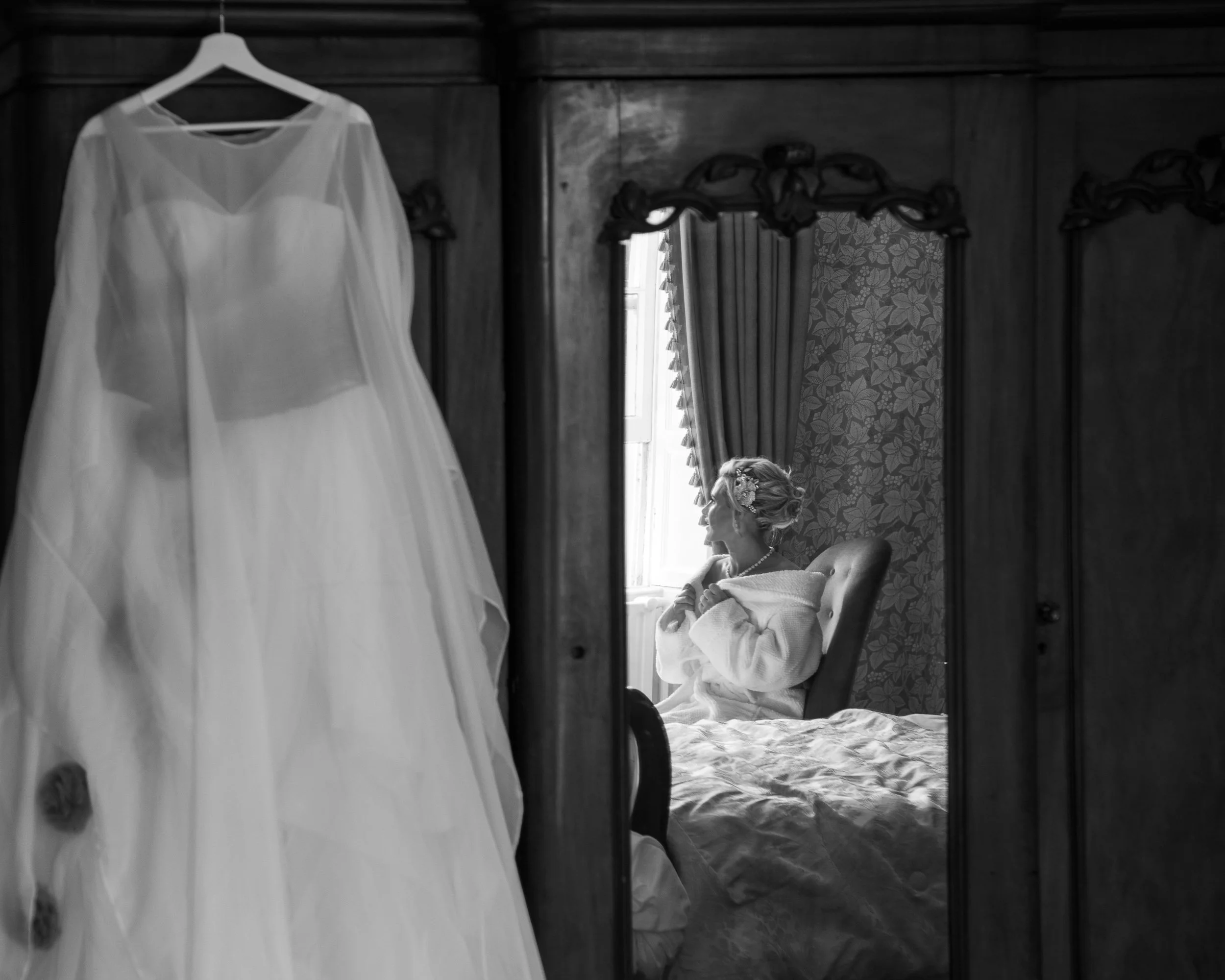 Wedding Photography Ireland – bridal preparation reflected in mirror at Boyne Hill House