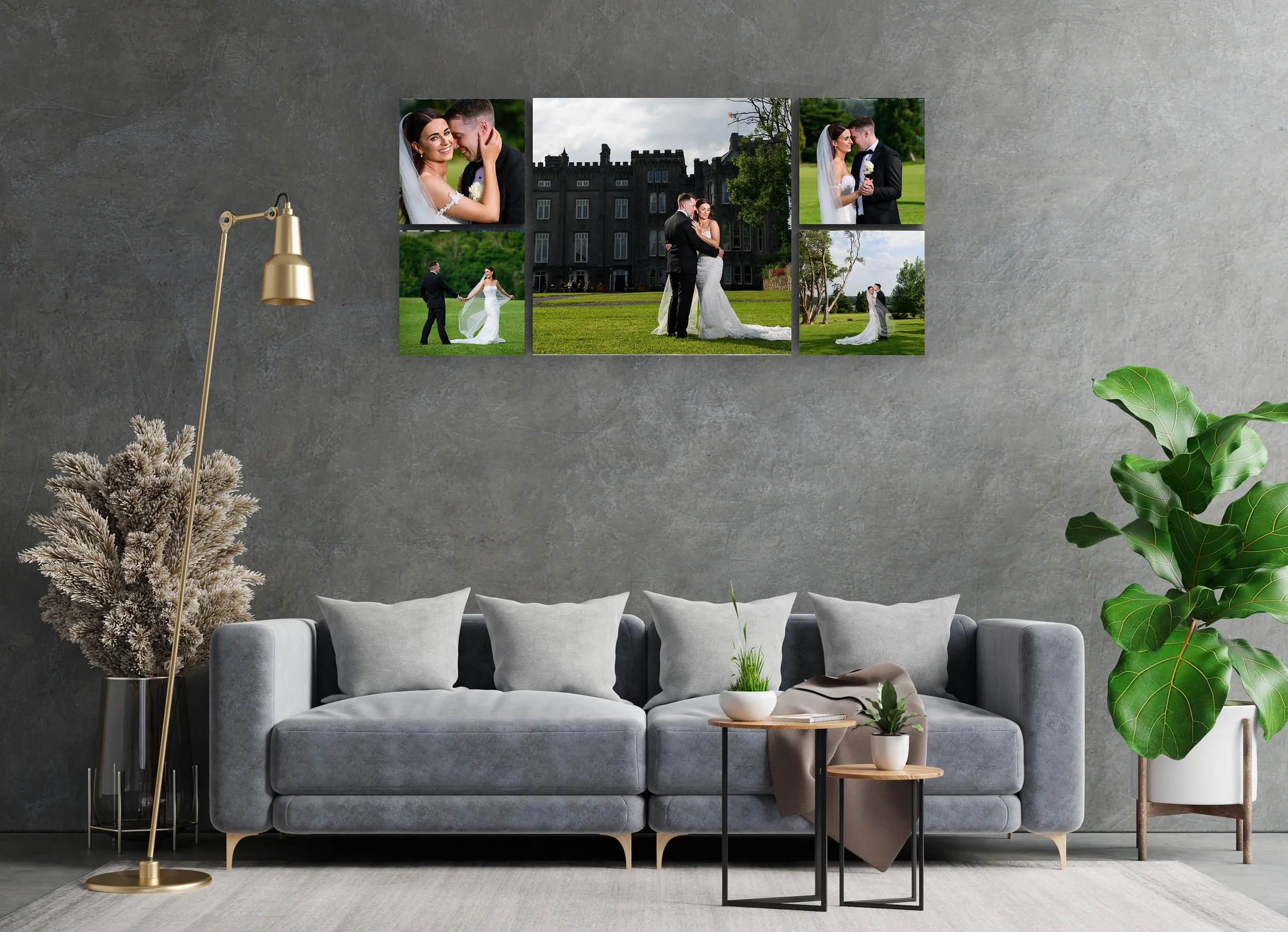 Living room with a large wall display of wedding photographs featuring a couple in an outdoor setting.