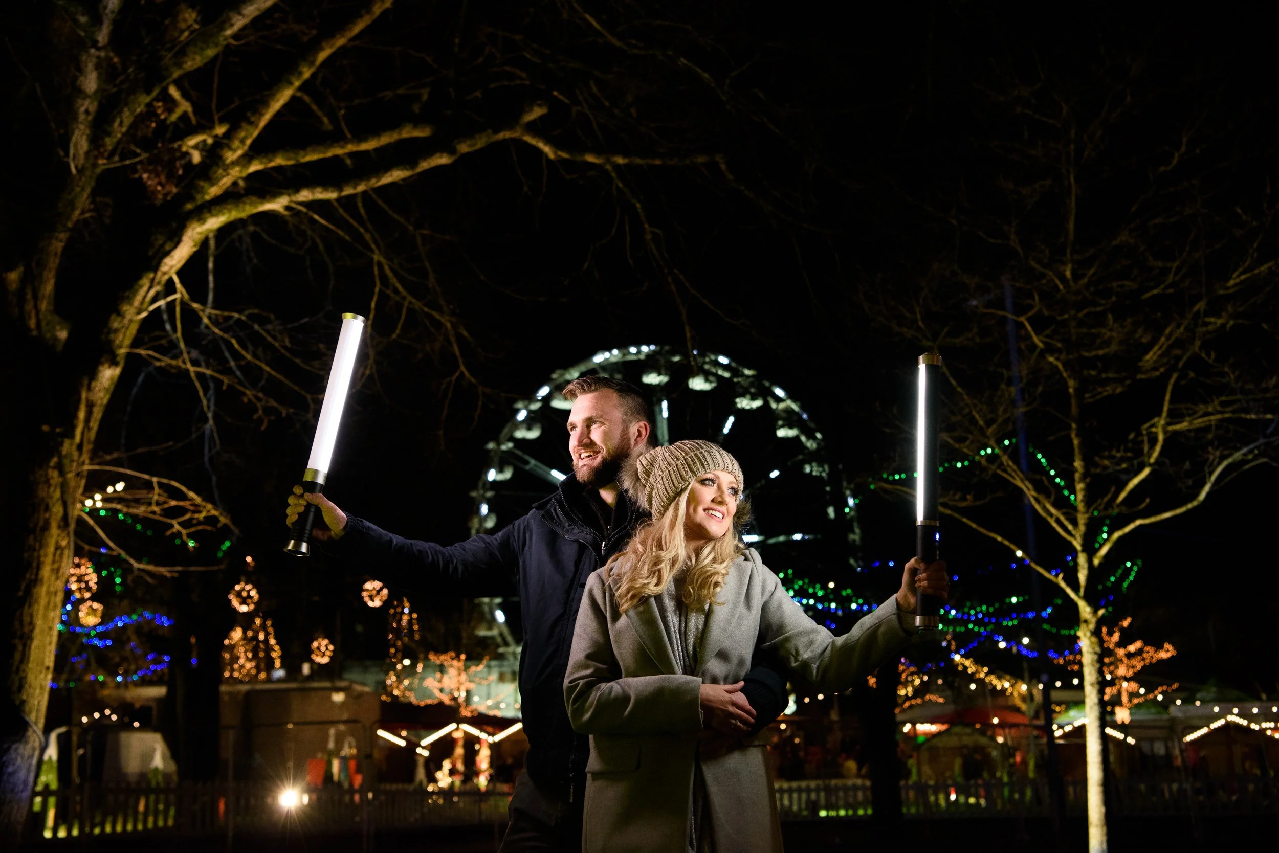Engagement Photography Galway – couple enjoying festive lights at Christmas Market