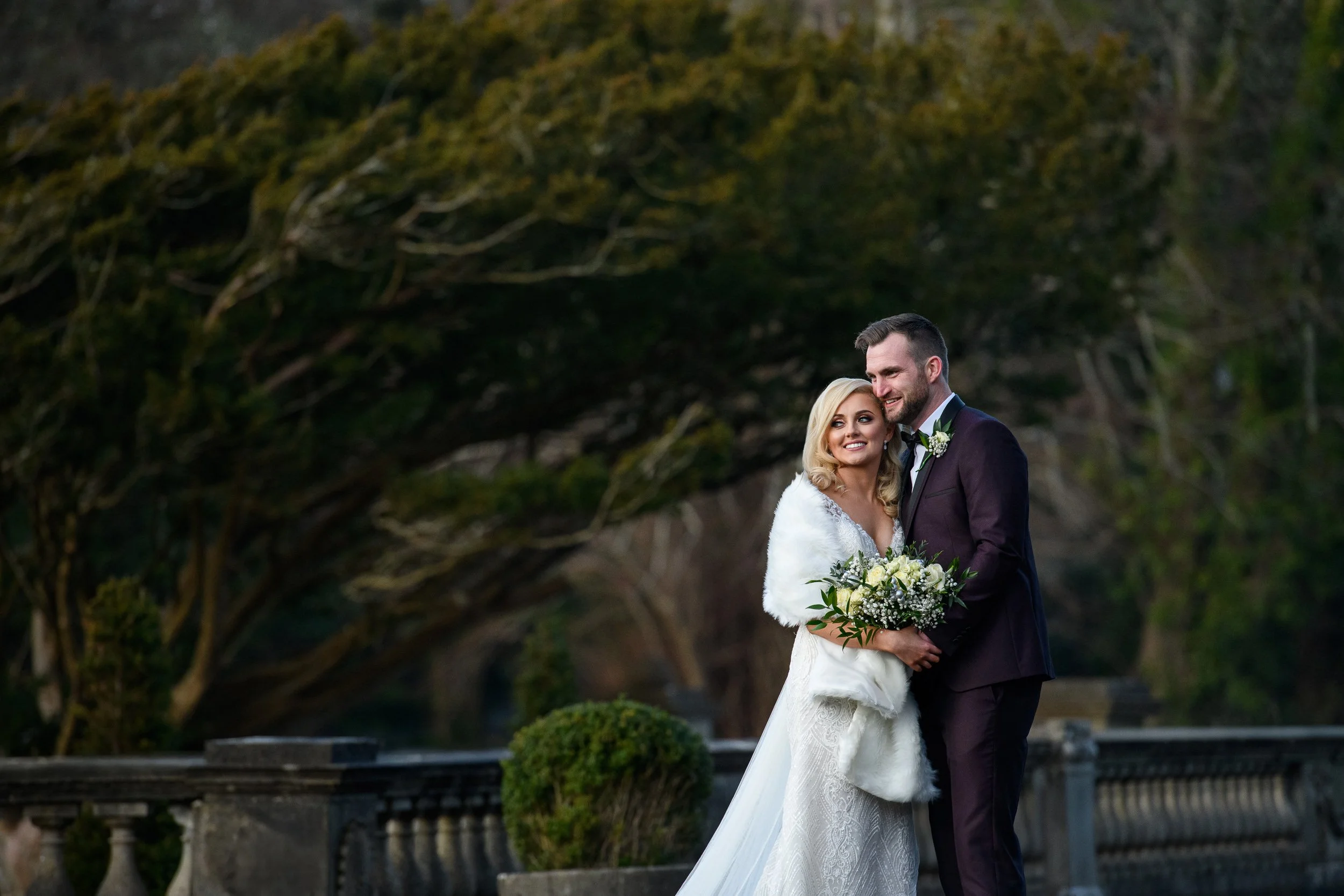 Wedding Photography Ireland – bride and groom smiling on terrace at Westport House in Mayo

