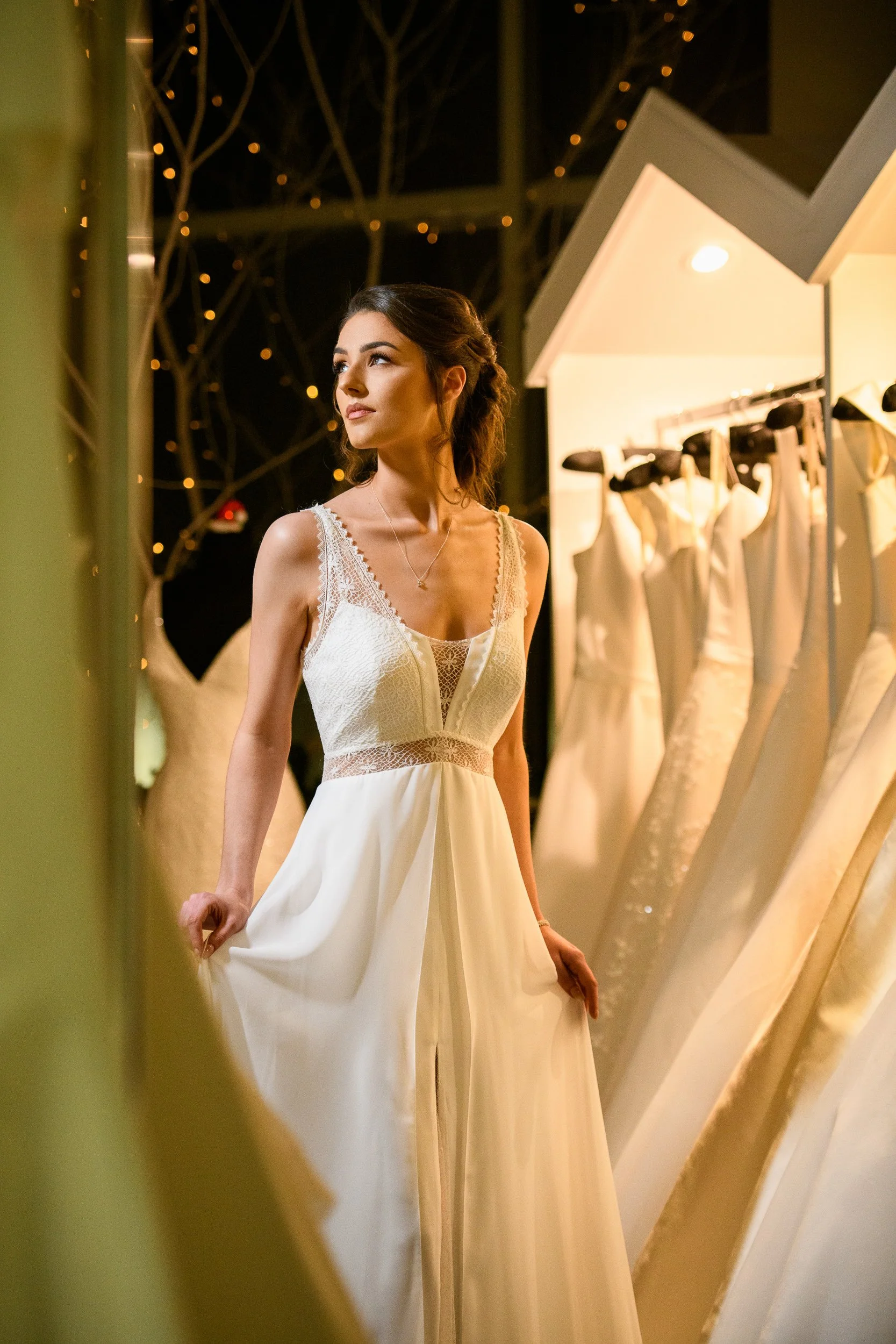 Bridal Photography Westmeath – bride trying on dress in bridal boutique