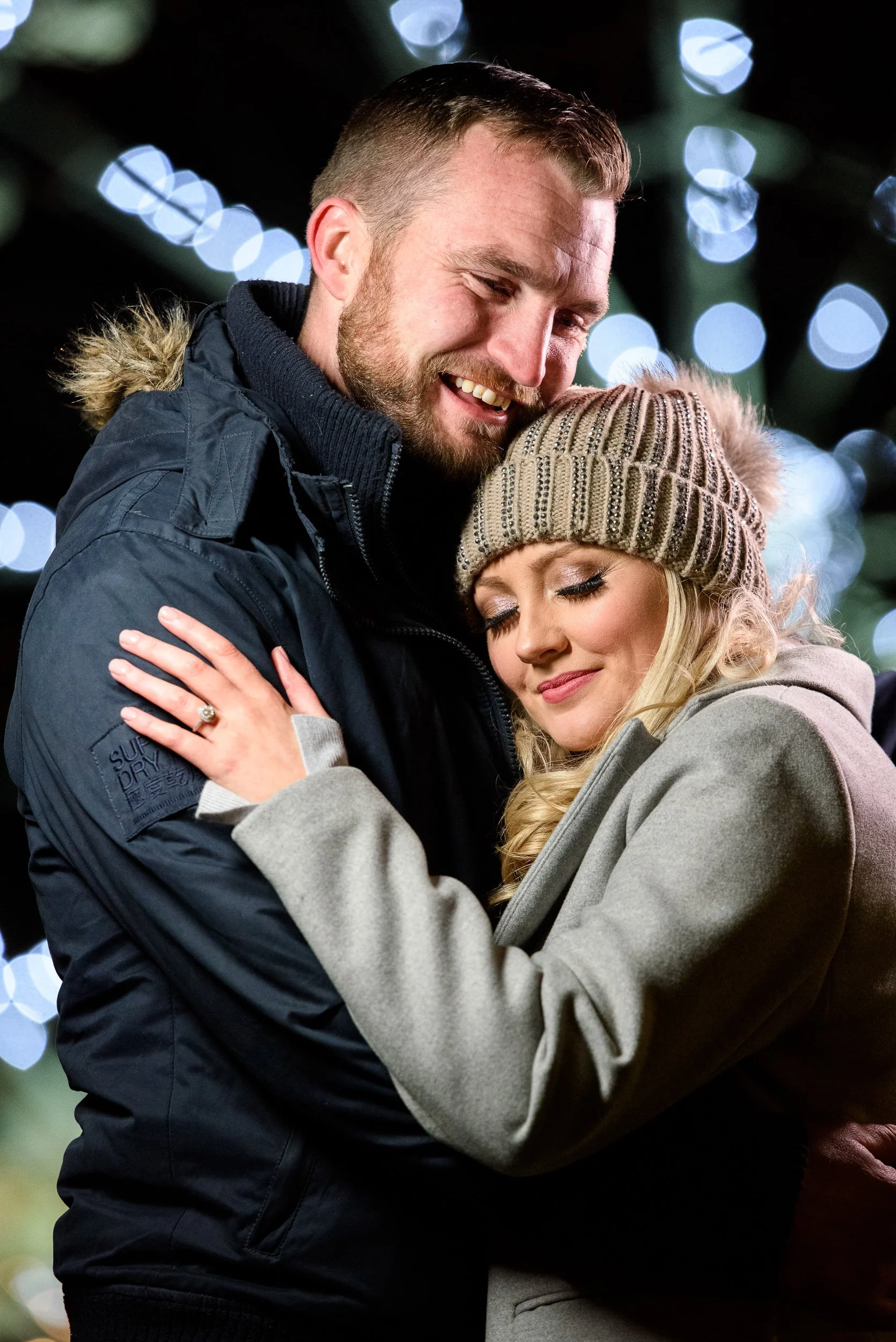 Engagement Photography Galway – close-up winter couple portrait at Christmas Market