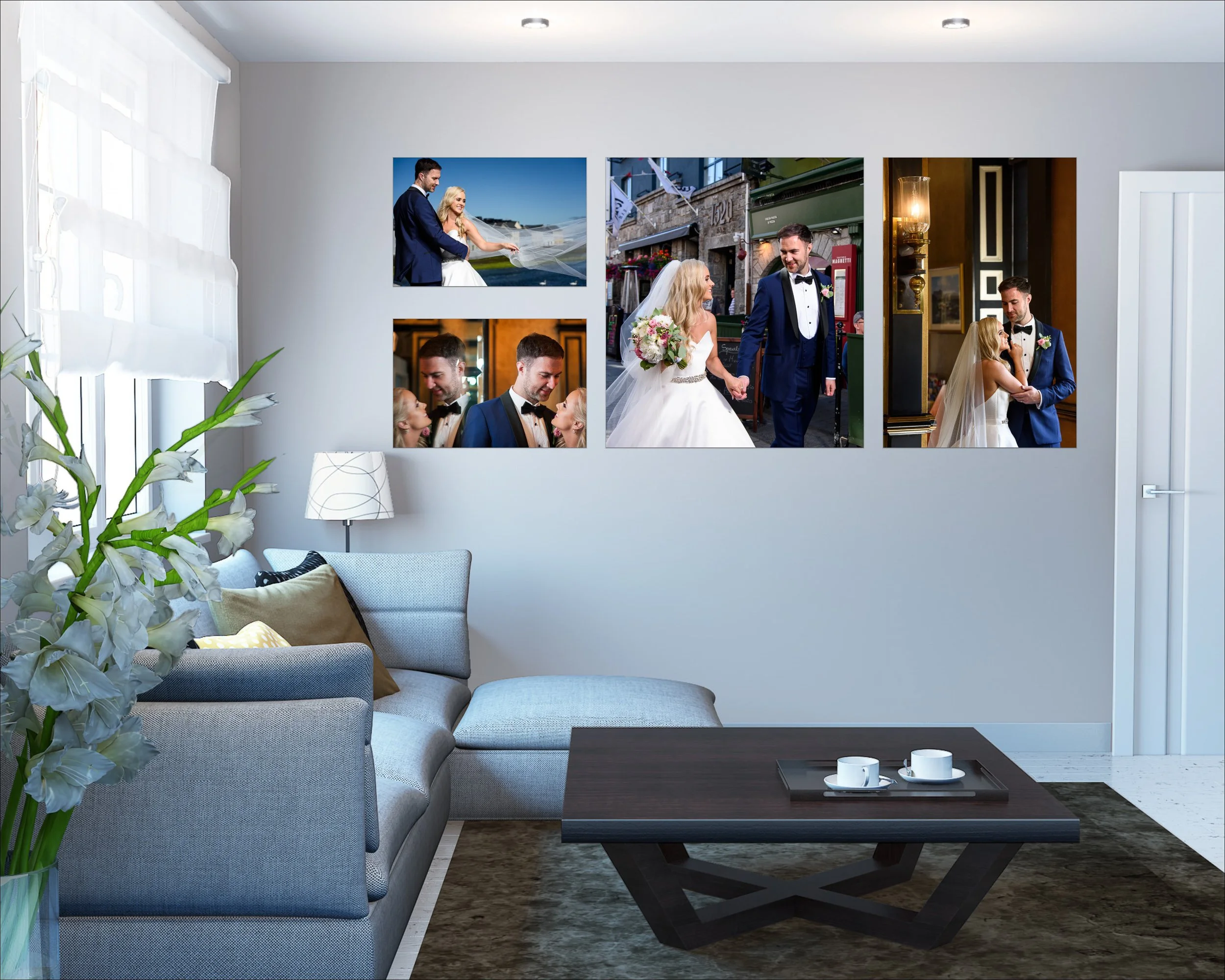 Living room with neutral décor featuring a wall collage of wedding photographs above a sofa.
