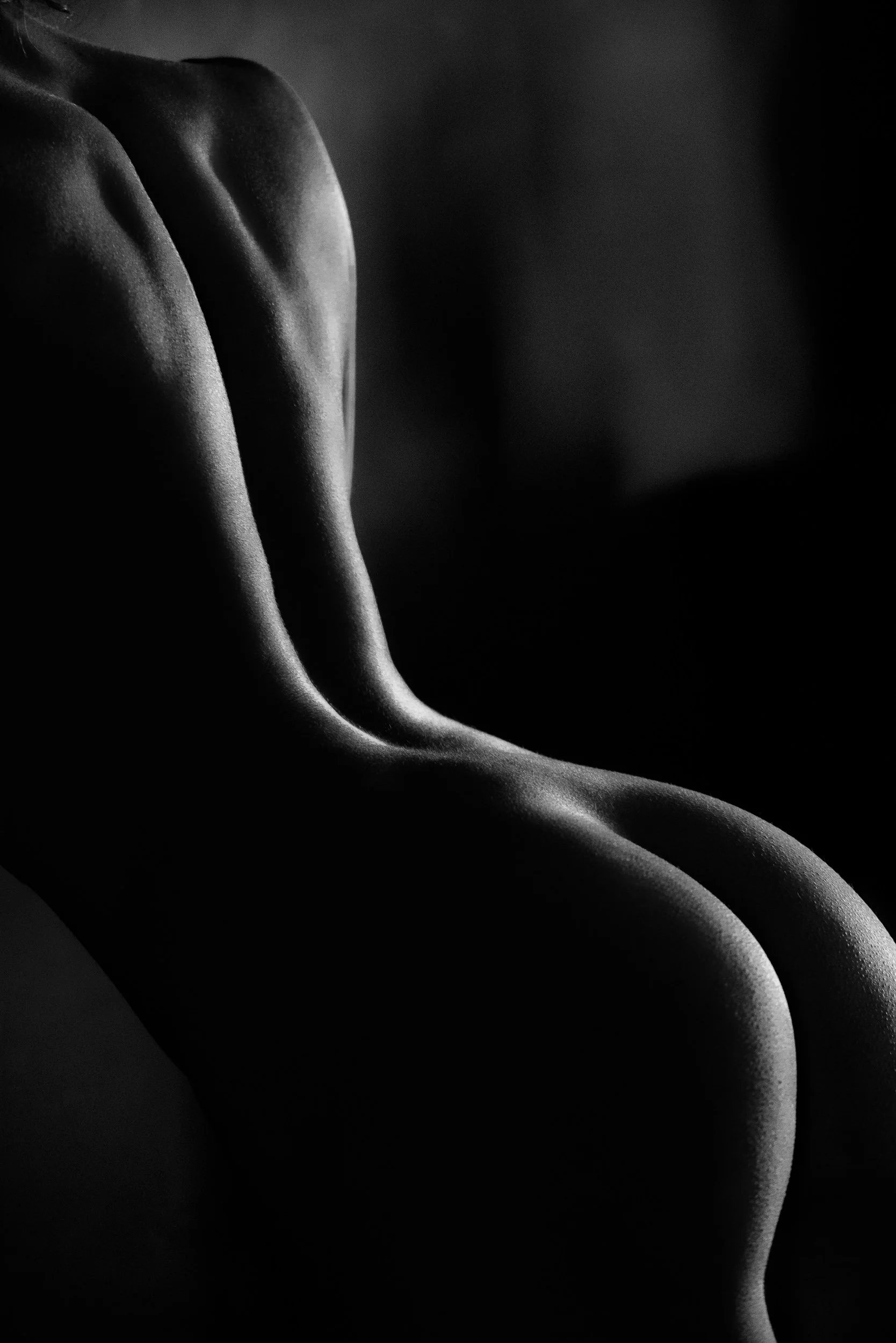 Close-up black and white study of a person’s back and shoulders, with dramatic lighting highlighting texture and form.

