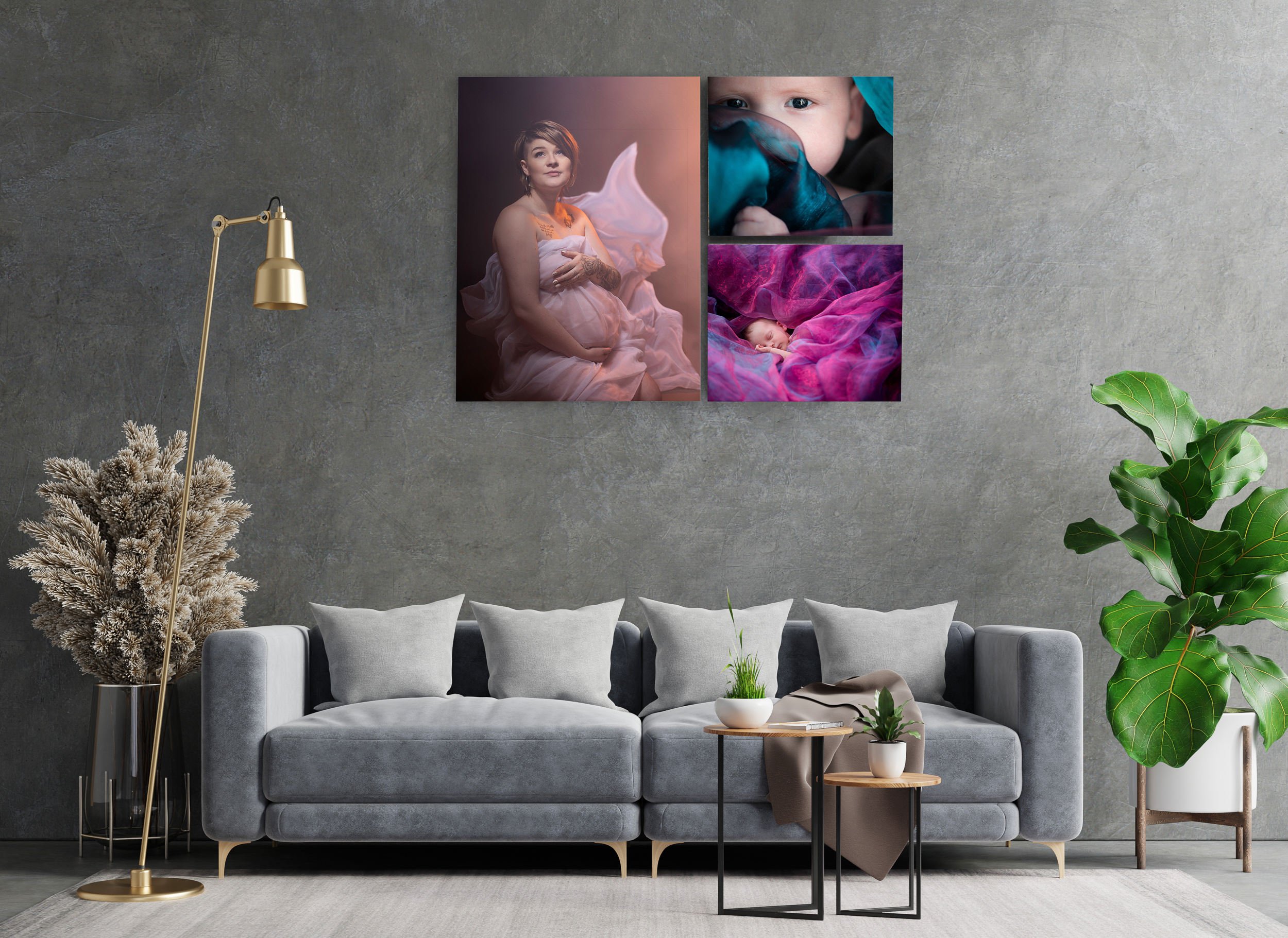 Minimal living room with framed portrait trio displayed above a sofa.
