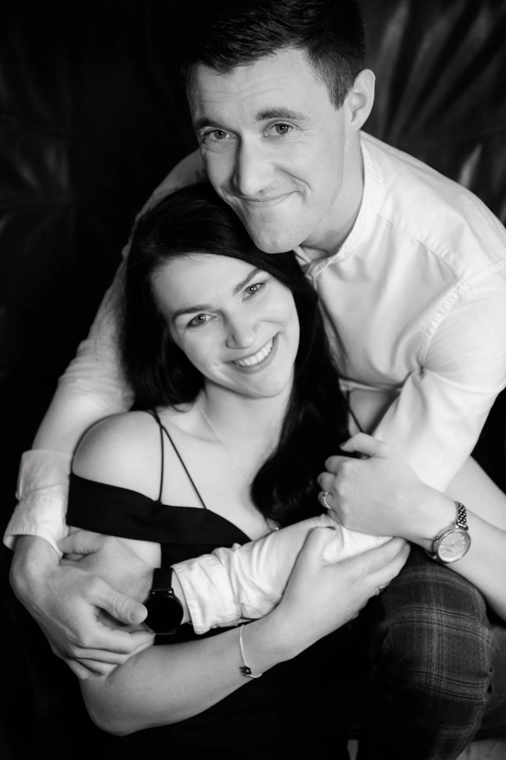 Engagement Photography Ireland – black and white couple portrait embracing