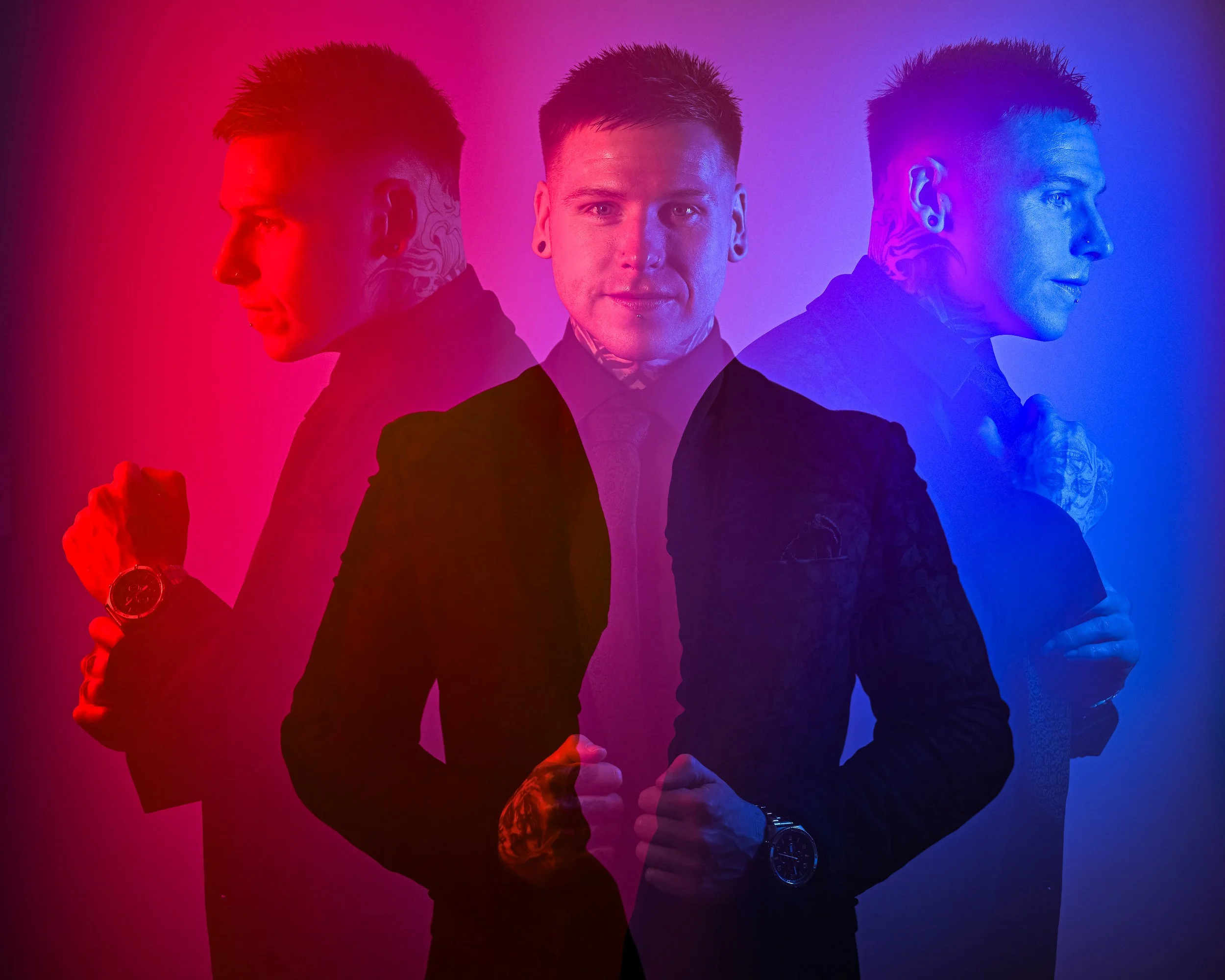 Wedding Portrait Photography Ireland – in camera multiple exposure of groom with creative coloured lighting