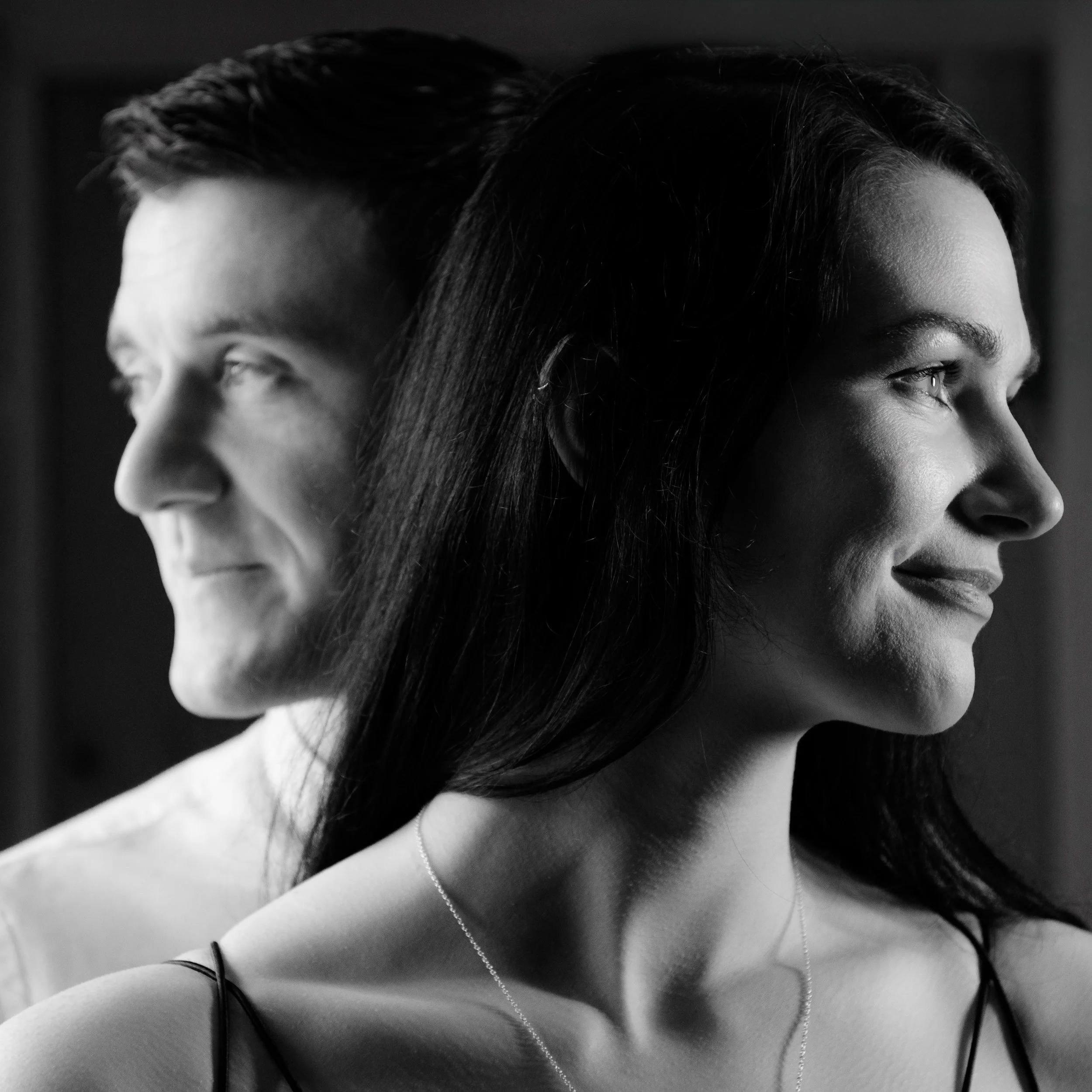 Engagement Photography Ireland – black and white back-to-back couple portrait